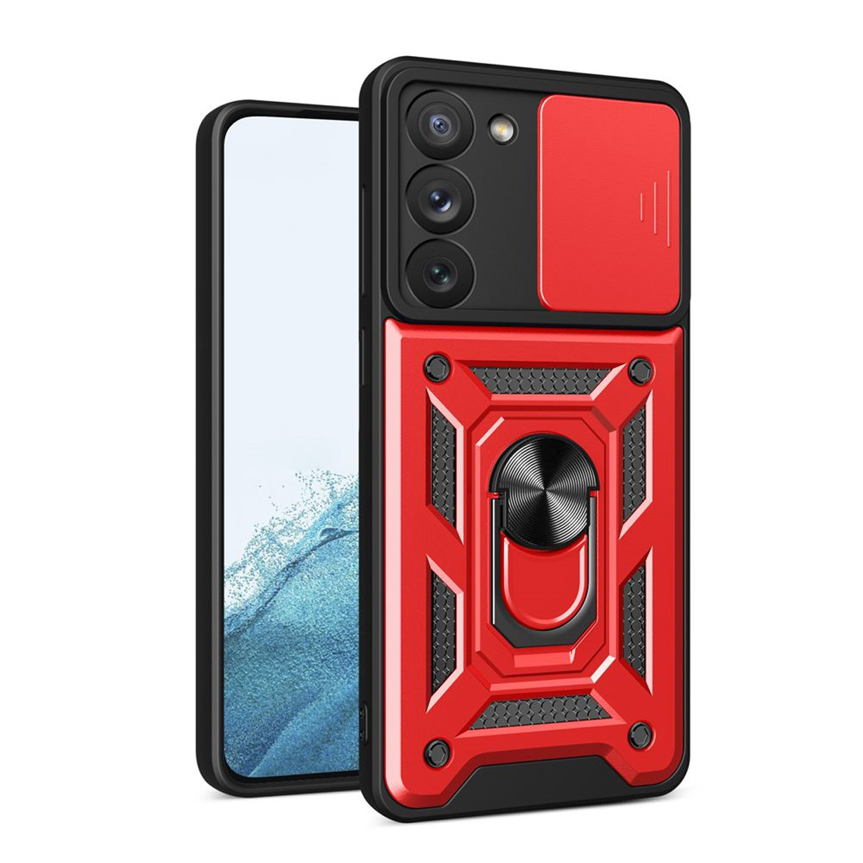 Rode telefoonhoes met zwarte accenten. De telefoonhoes heeft camerabescherming en een ringhouder.