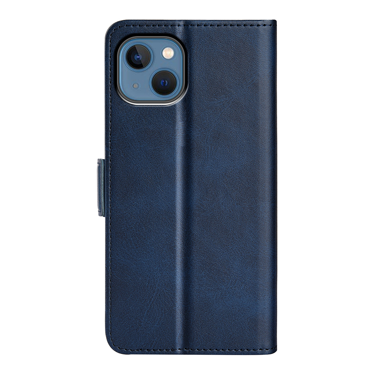 Gesloten blauwe telefoonhoes, verticale weergave. Toont de camera van de telefoon. Leerachtige textuur.