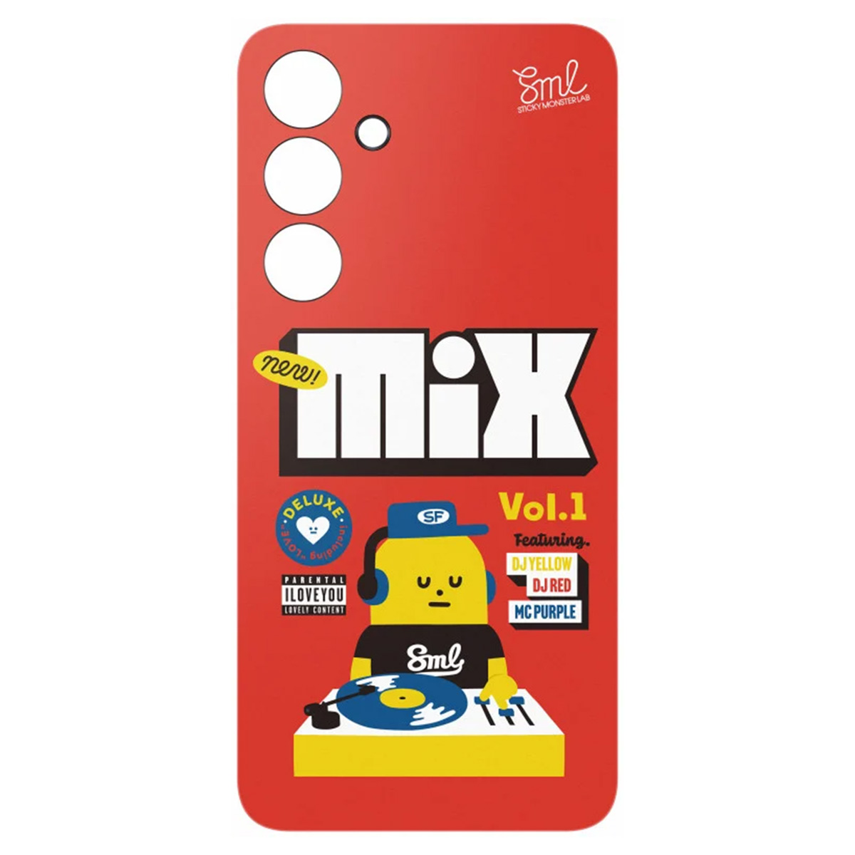 Custodia per telefono rossa con un design da DJ. Ha testo e un DJ dei cartoni animati.