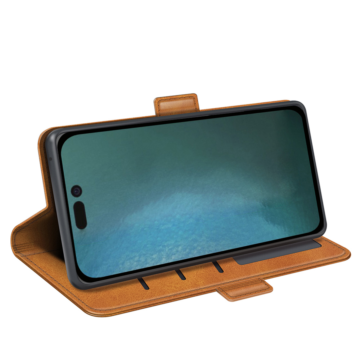 Telefoon in een bruine leren hoes, open. Scherm aan, met een groene en grijze achtergrond.