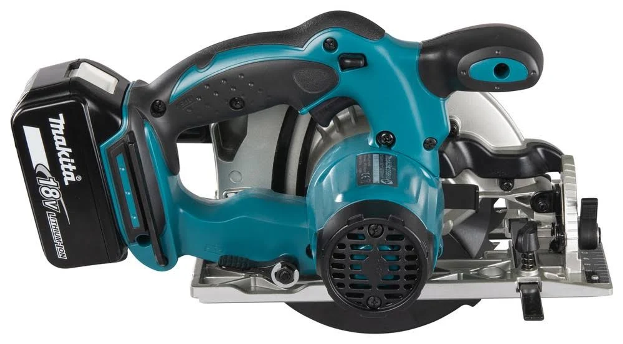 Een turquoise en zwarte Makita snoerloze cirkelzaag, met het zaagblad en de batterijbevestiging.