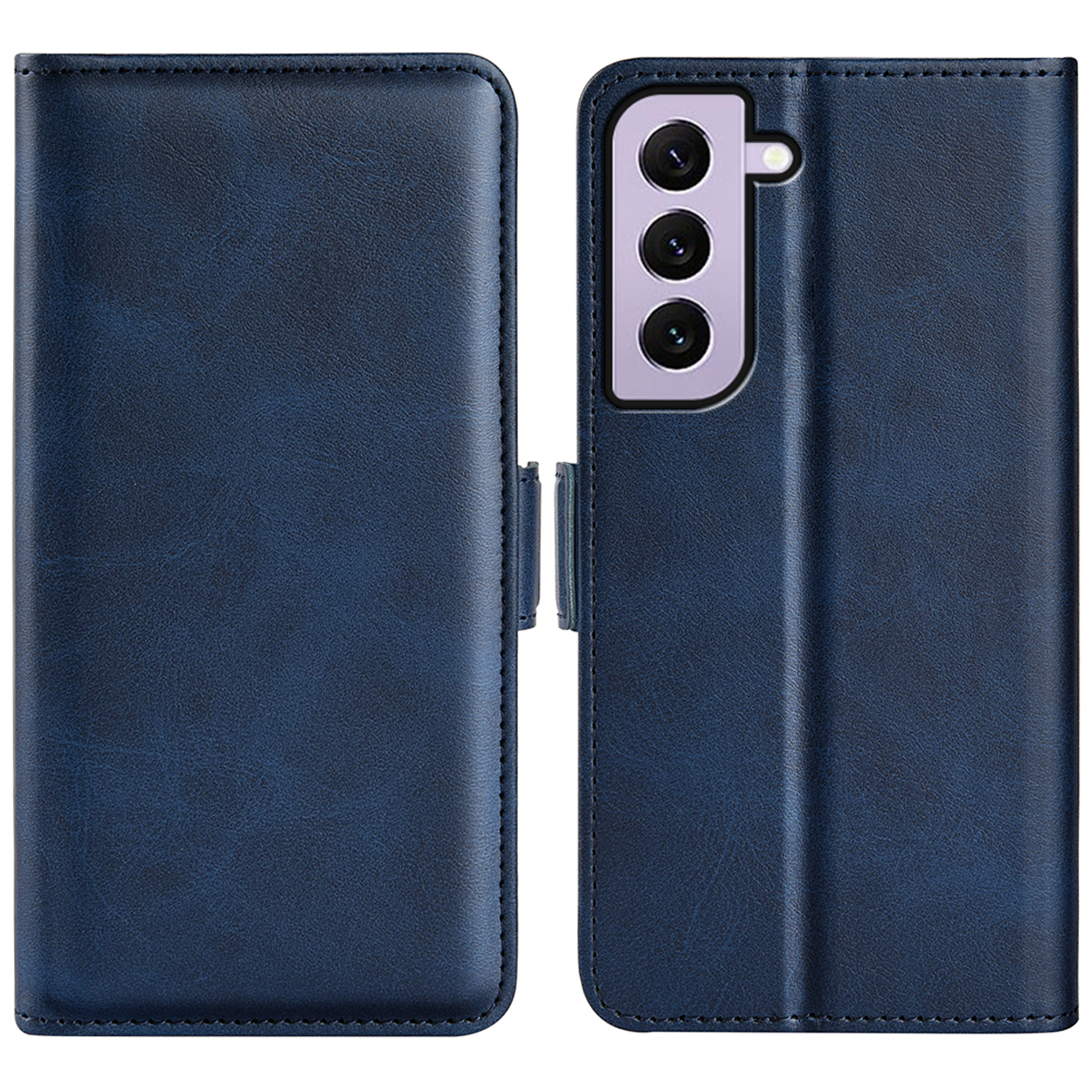 Donkerblauw lederen telefoonhoesje, gesloten en open. De telefoon is zichtbaar, toont de camera.