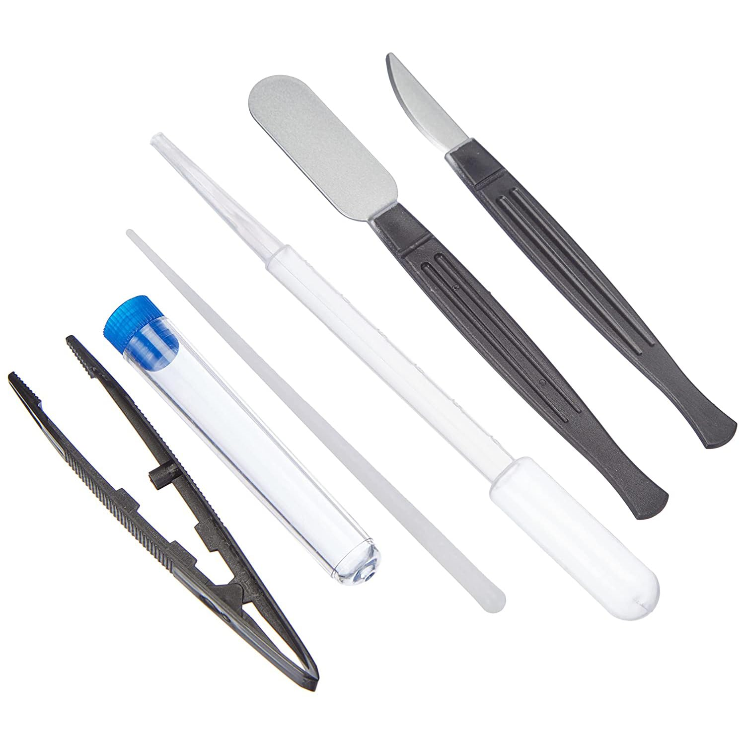 Varias herramientas de laboratorio: pinzas, tubo de ensayo, espátula, bisturí, varilla, fondo blanco.