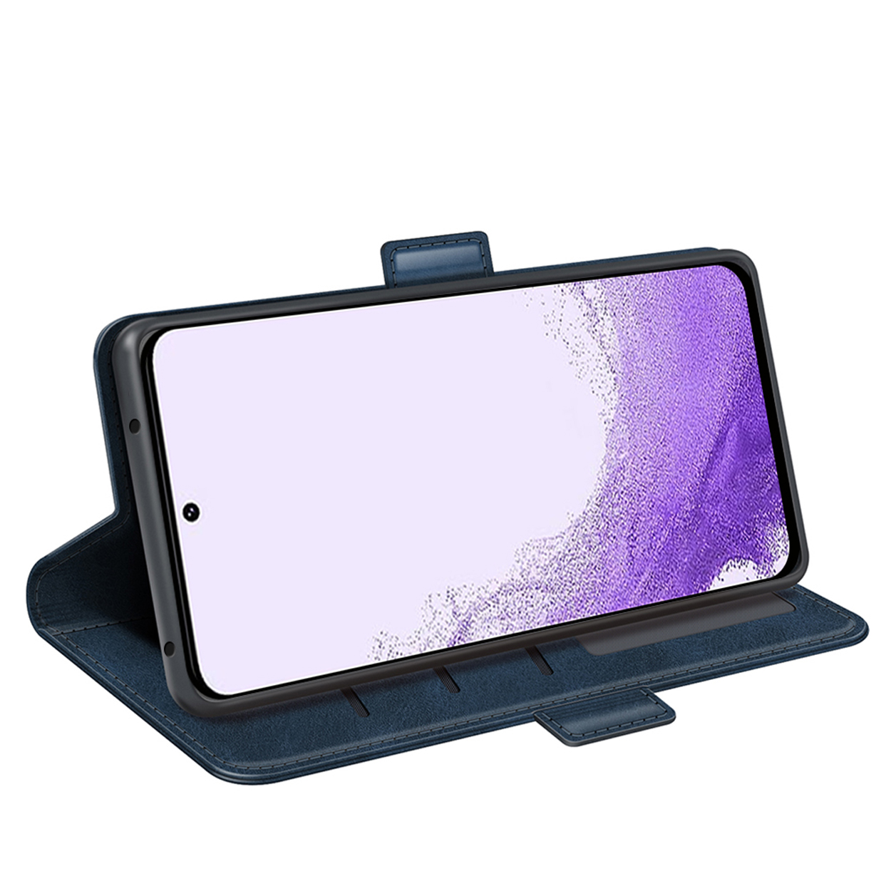 Blauwe telefoonhoes open, met een telefoon met een paars scherm. De hoes heeft een magnetische sluiting.