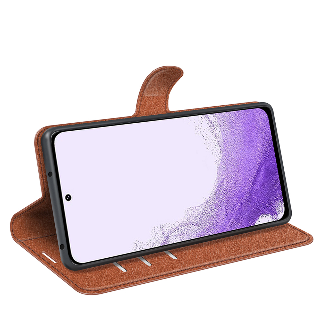 Coque de téléphone marron, téléphone sur étui ouvert. Coque de téléphone marron, téléphone. Fond blanc.