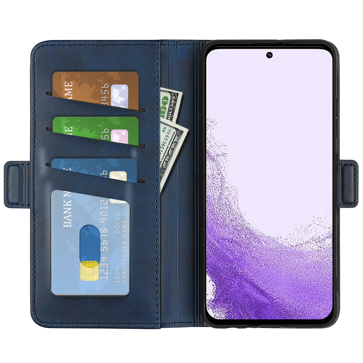 Blauwe leren telefoonhoes met kaarten en contant geld. Telefoon staat aan de rechterkant, open. Kaarten zijn zichtbaar.