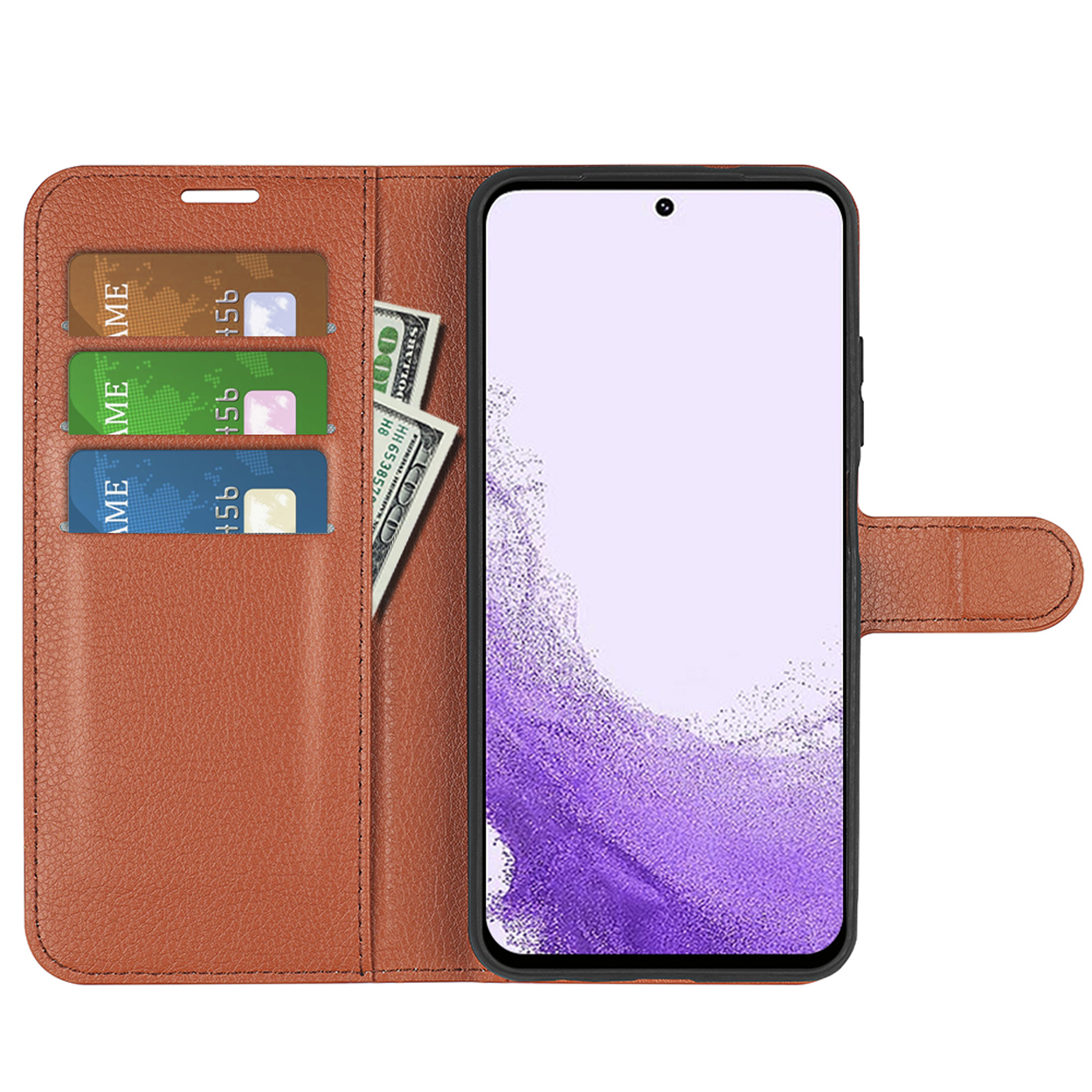 Coque de téléphone marron ouverte montrant des cartes de crédit et un téléphone. L'étui a un portefeuille.