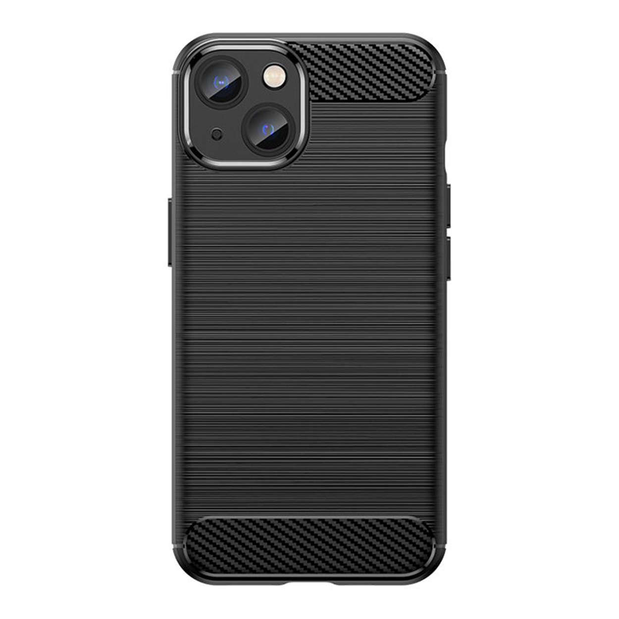 Coque de téléphone noire avec design texturé, avec découpes pour la caméra et aspect fibre de carbone.