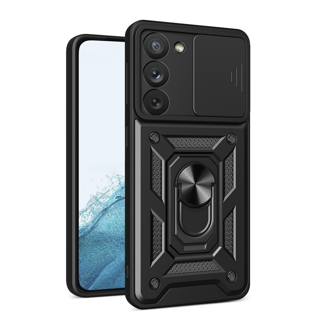 Zwarte telefoonhoes met een ringhouder en een telefoon erin. De achtergrond is wit.