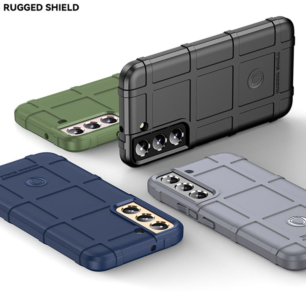 Vier robuuste telefoonhoesjes in verschillende kleuren: groen, zwart, blauw en grijs. Textuurontwerp.