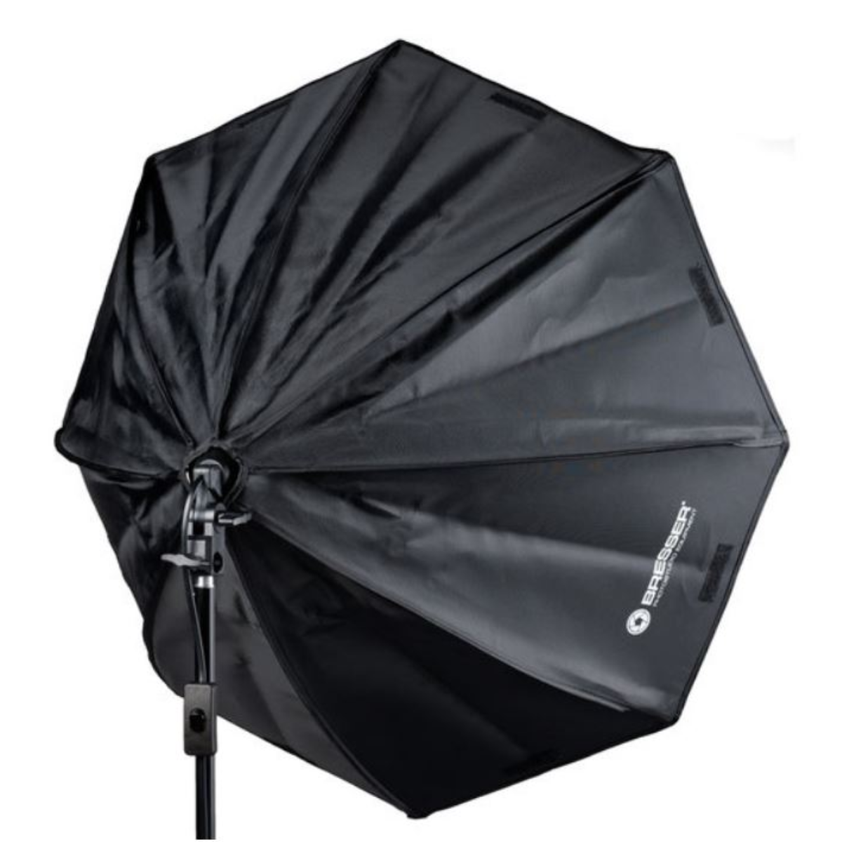 Softbox fotográfico negro con interior negro y soporte. Forma octogonal.