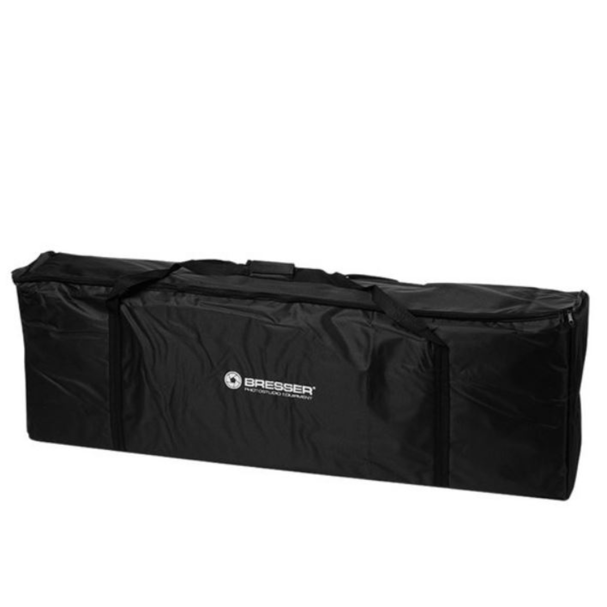 Bolsa negra Bresser sobre fondo blanco. Tiene asa y un logotipo.
