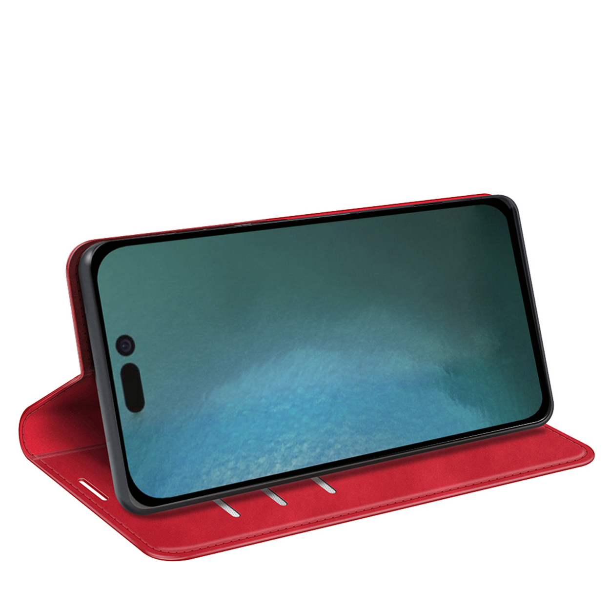Rode telefoonhoes, open, met telefoon erin. De telefoon staat in landschapsmodus, de hoes is rood.