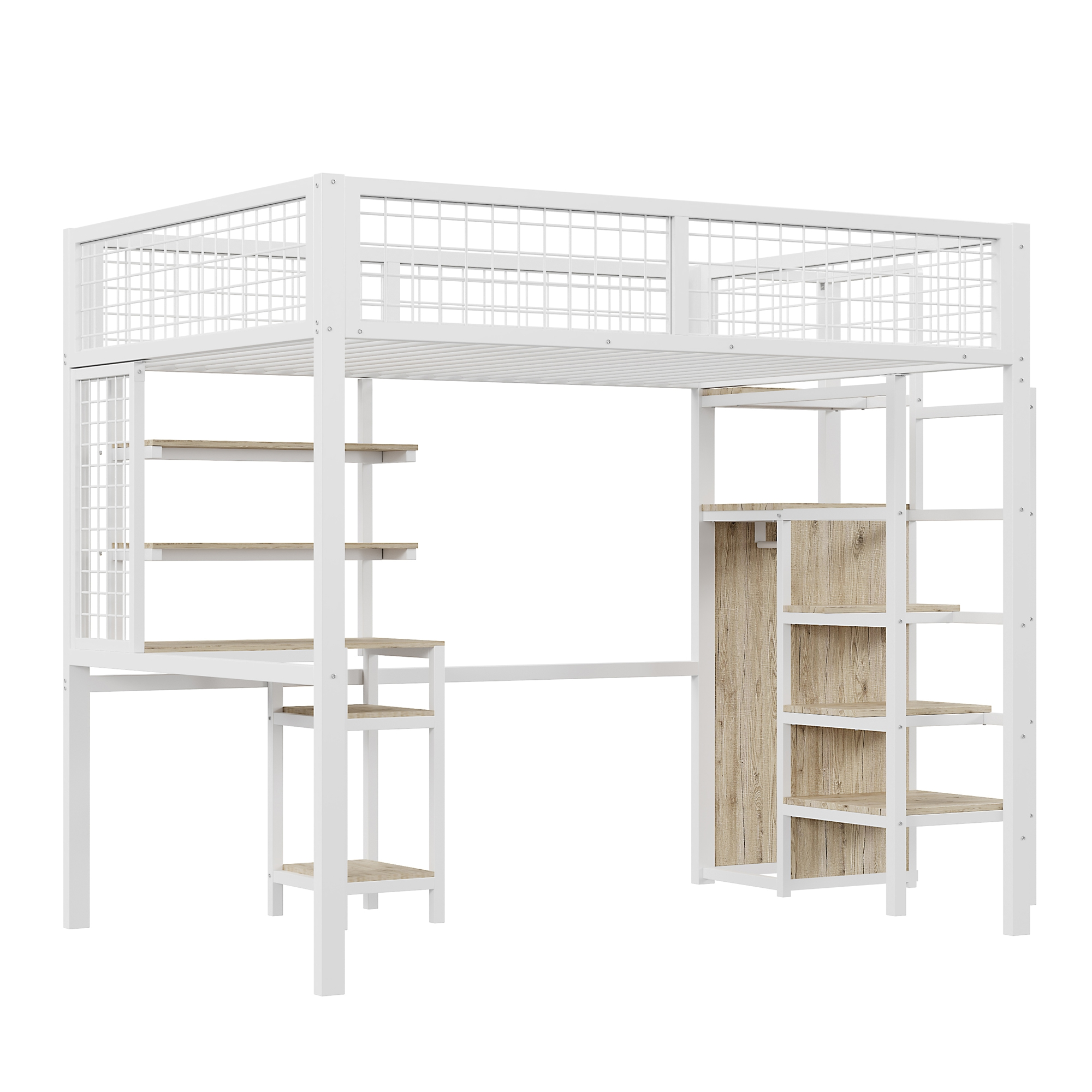 Weißes Metall-Hochbett mit integriertem Schreibtisch und Regalen. Regale und Stufen aus hellem Holz.