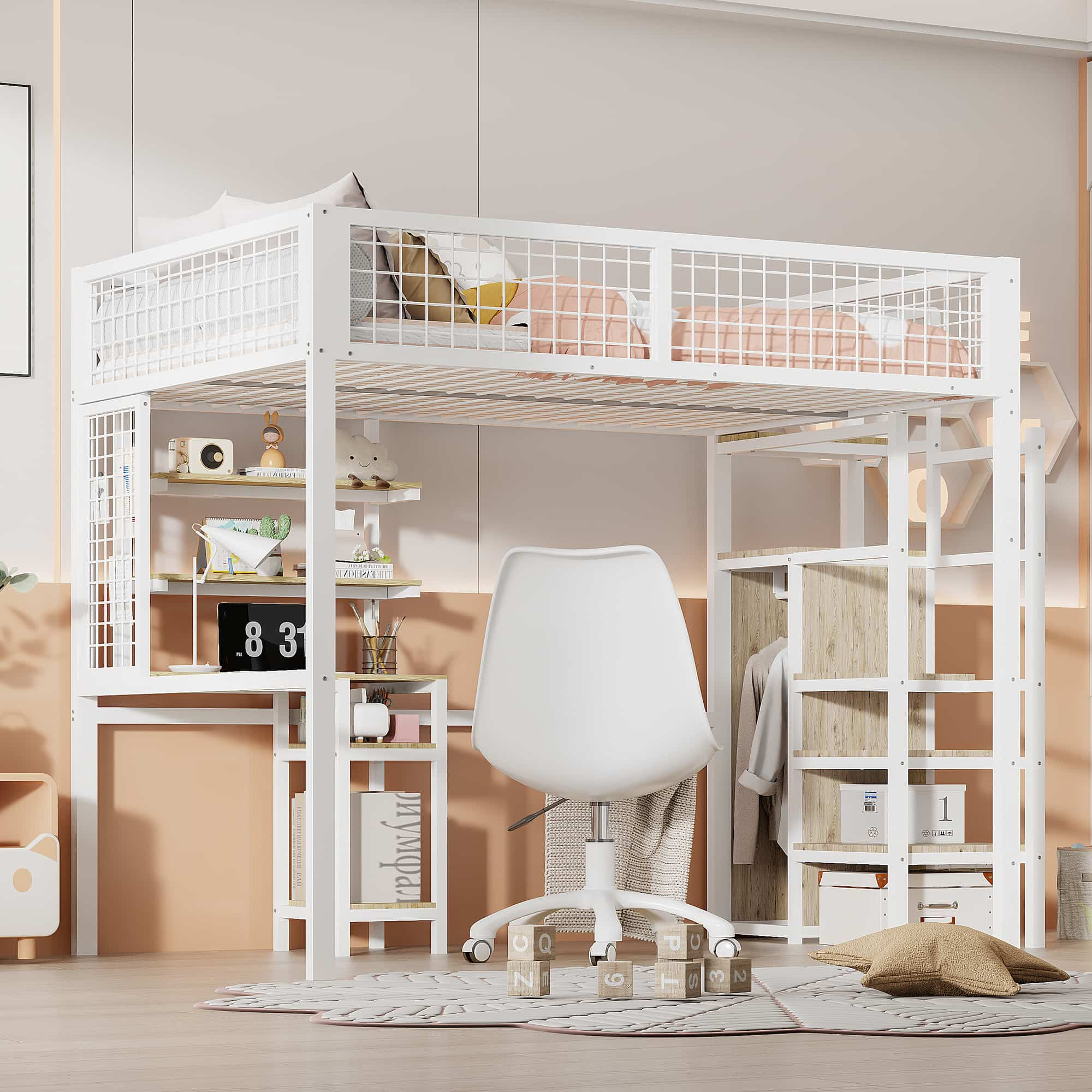 Ein weißes Hochbett mit Schreibtisch, Regalen und Schrank. Stuhl und Dekoration sind auch zu sehen.