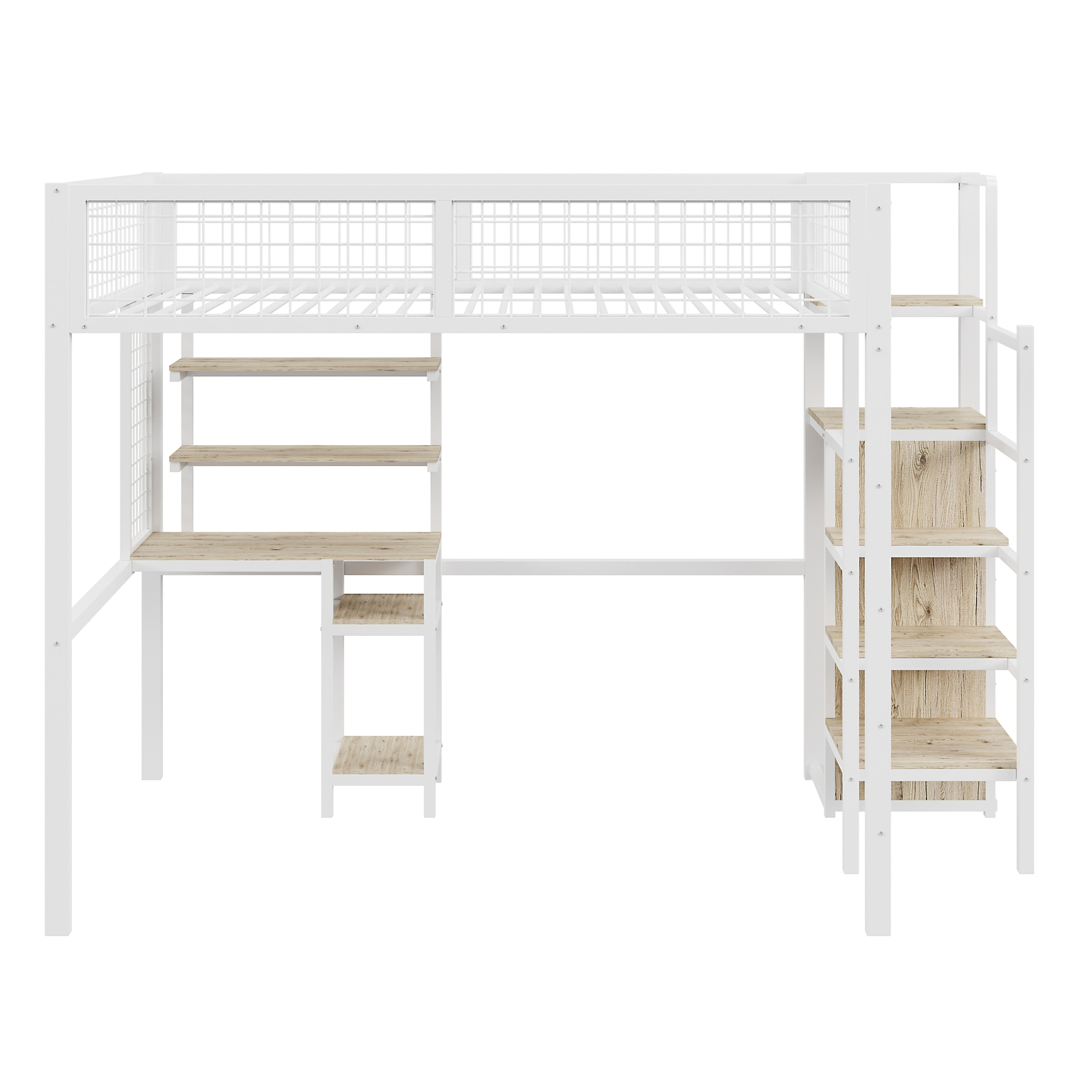 Ein weißes Metall-Hochbett mit Schreibtisch, Treppe und Regalen. Das Design ist minimalistisch und modern.