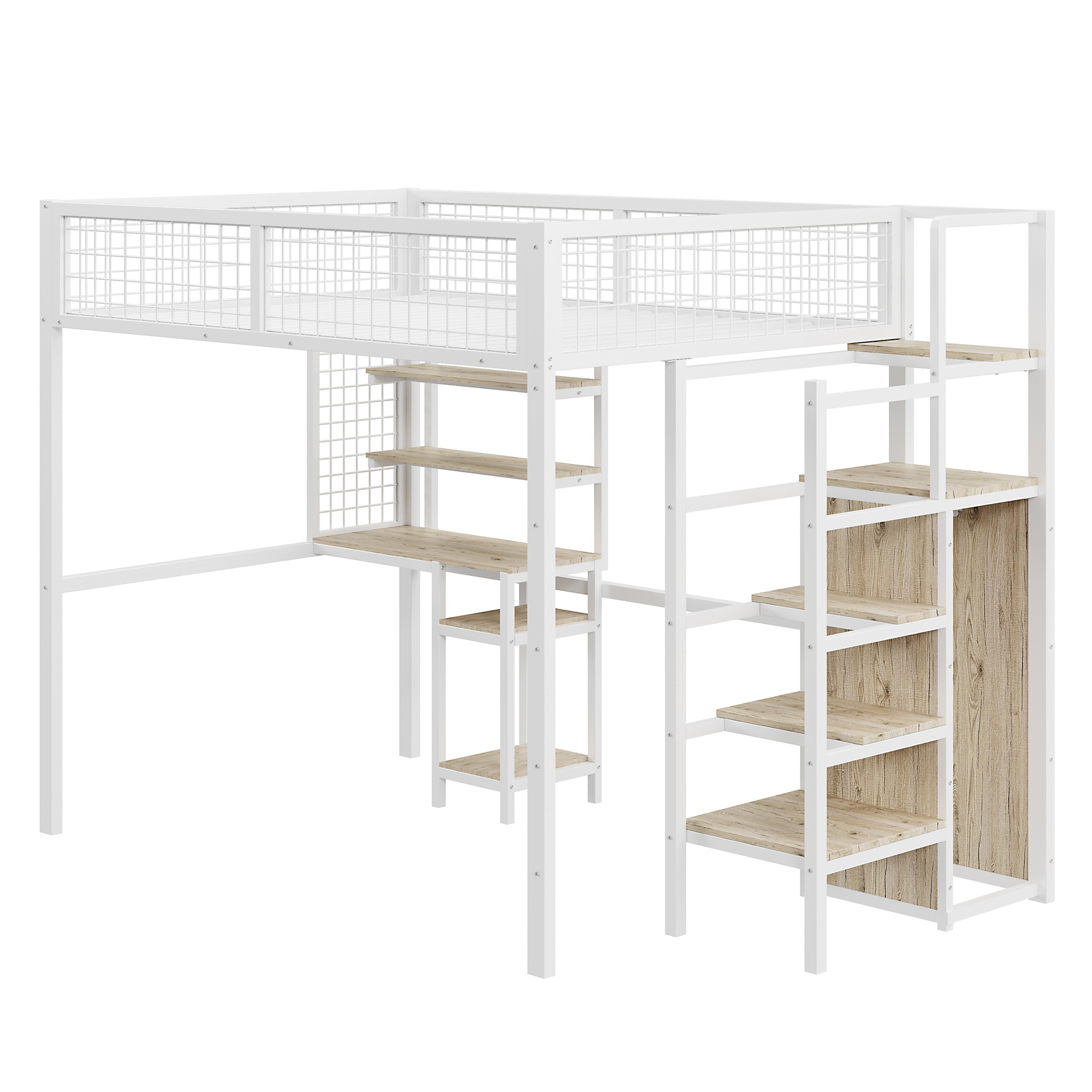 Weißes Hochbett mit Schreibtisch, Regalen und Leiter.