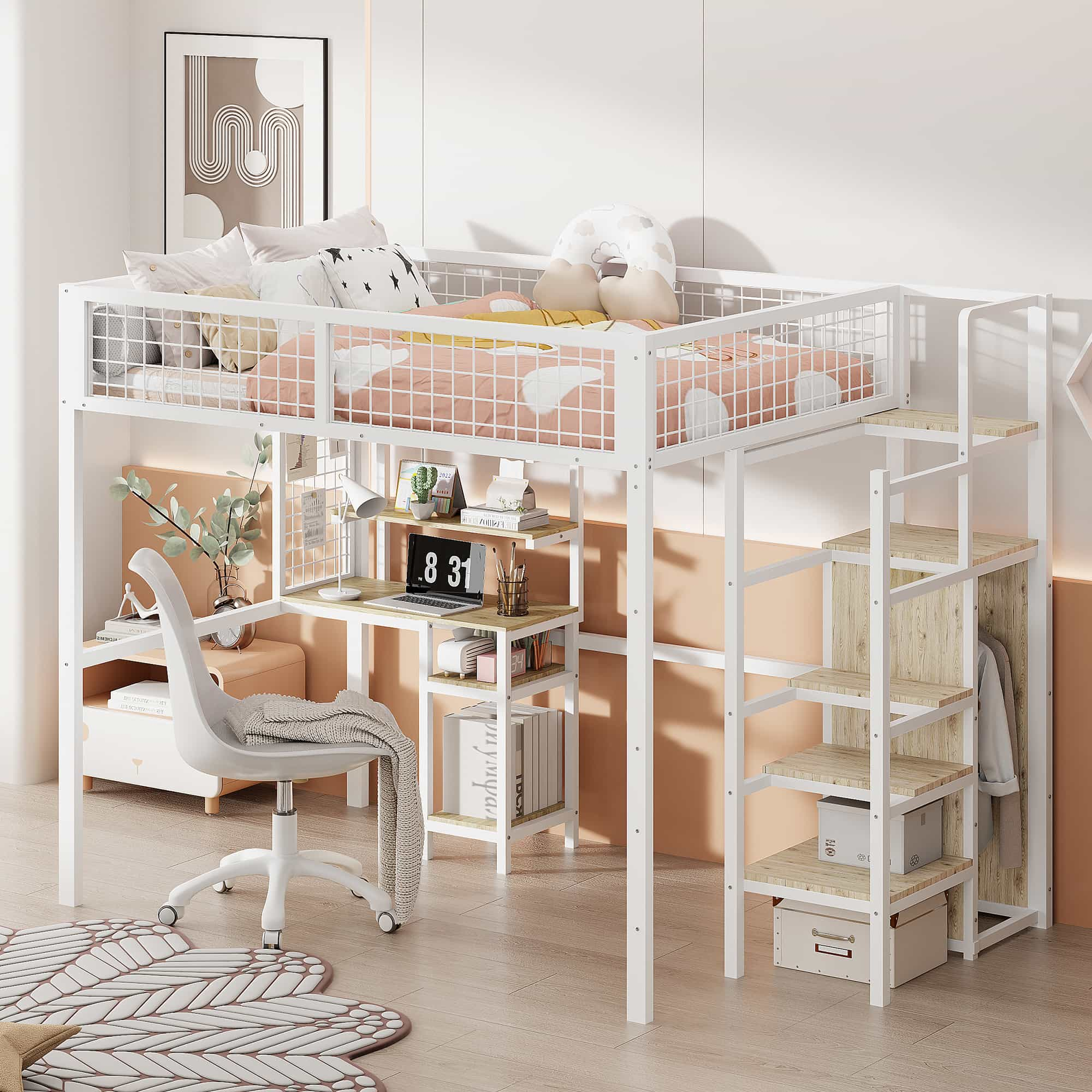 Weißes Hochbett mit Schreibtisch, Regalen und Treppe. Rosa und weißes Farbschema.