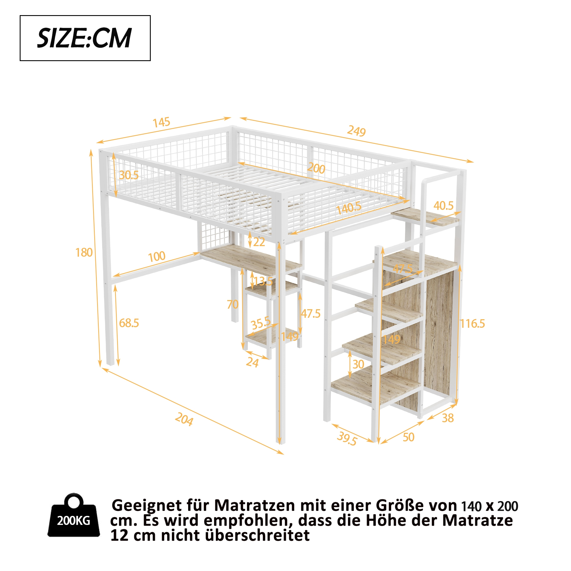 Hochbett mit Schreibtisch und Treppe, Abmessungen in Zentimetern gezeigt.