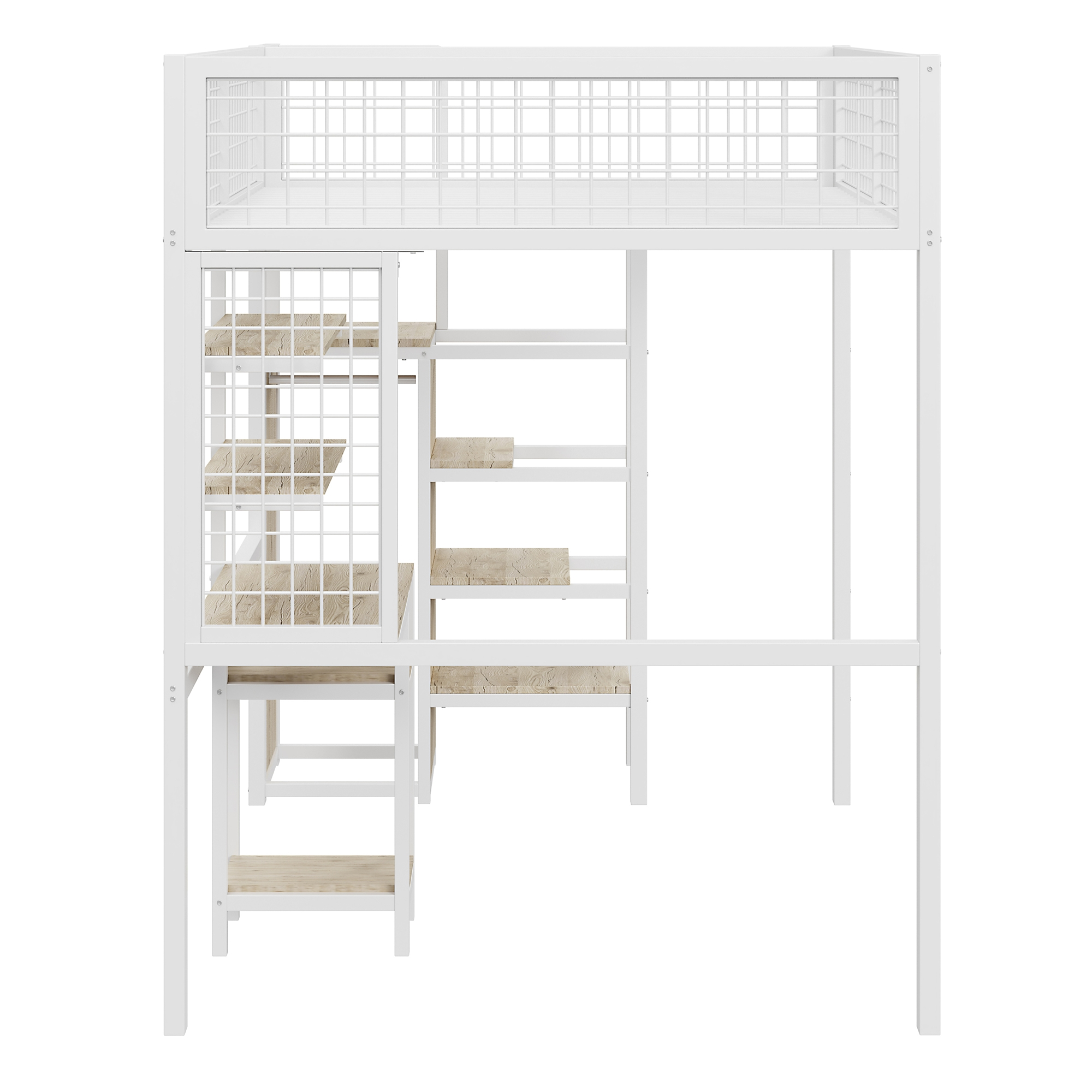 Weißes Hochbett mit Treppe und Schreibtisch. Weißer Hintergrund. Modernes Design.