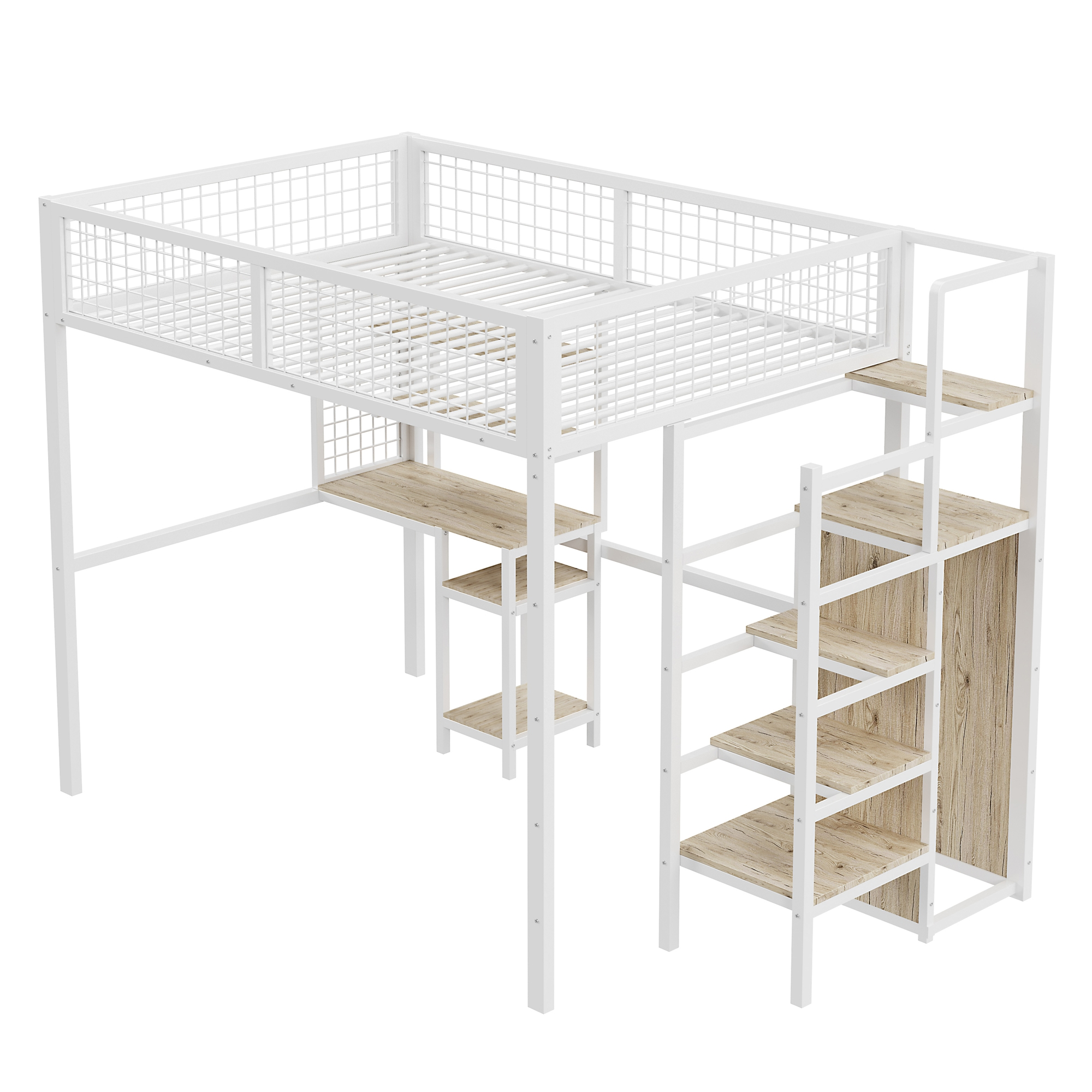 Weißes Hochbett mit Schreibtisch und Treppe. Das Bett ist erhöht und hat ein Metallgestell.
