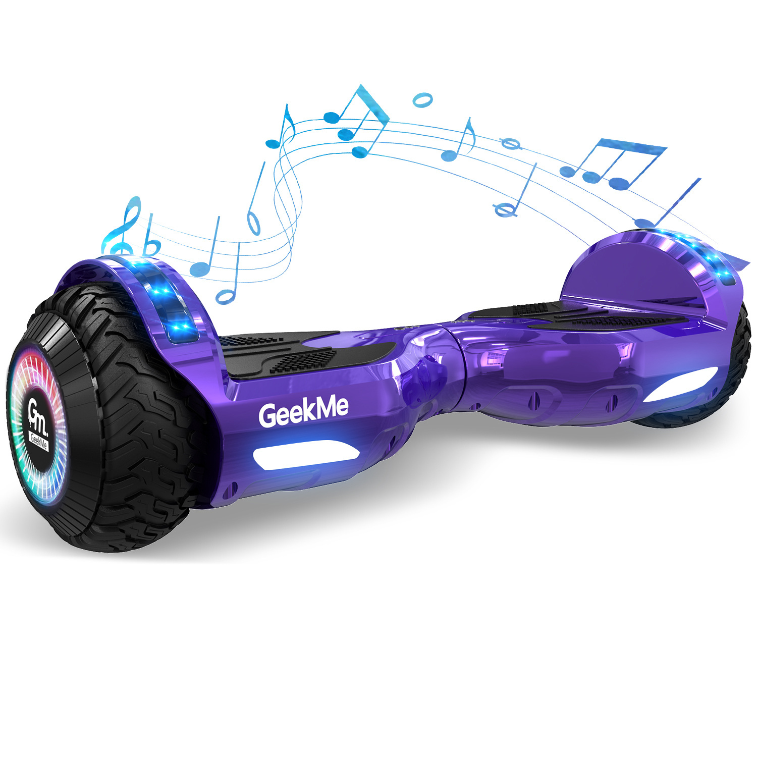Hoverboard viola con note musicali. L'hoverboard ha luci sulle ruote.