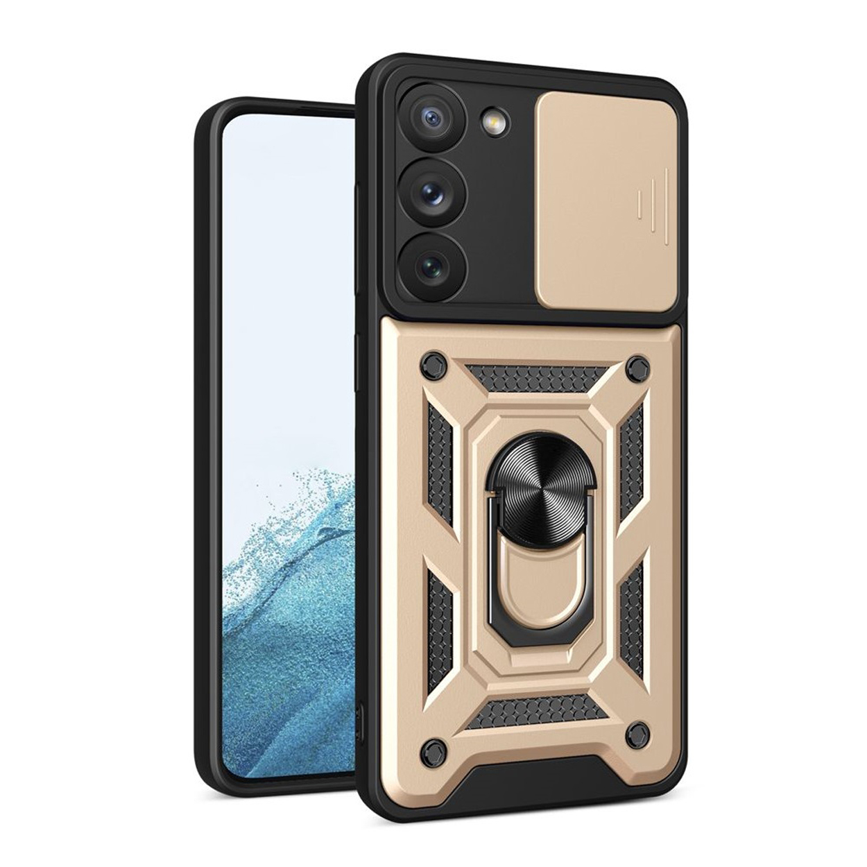 Gouden en zwarte telefoonhoes met ringhouder. De hoes staat op een witte achtergrond.