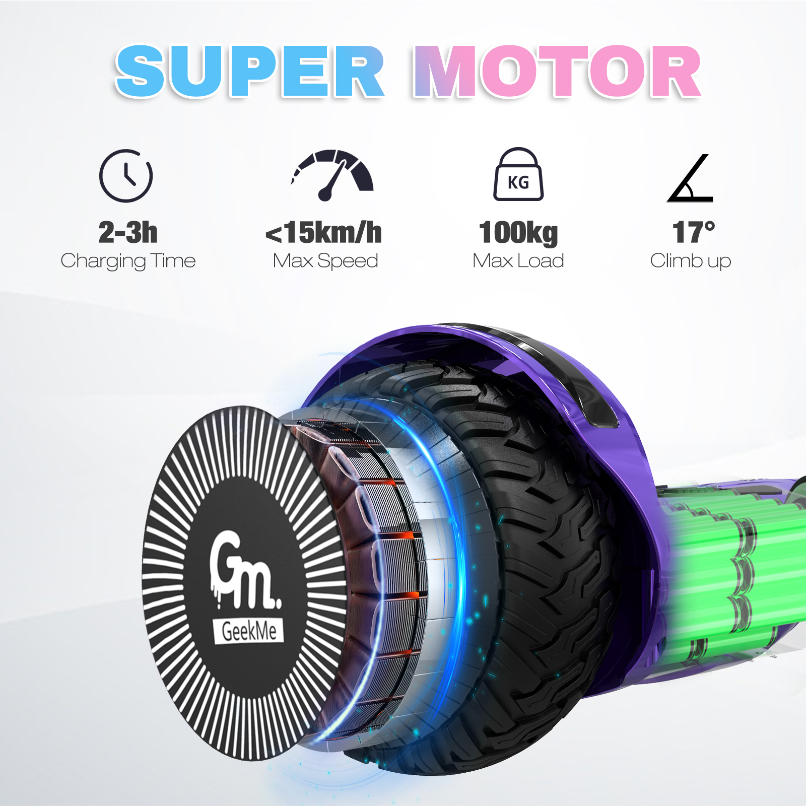 Hoverboard con telaio viola, batterie verdi, pneumatici neri e diagramma del motore.