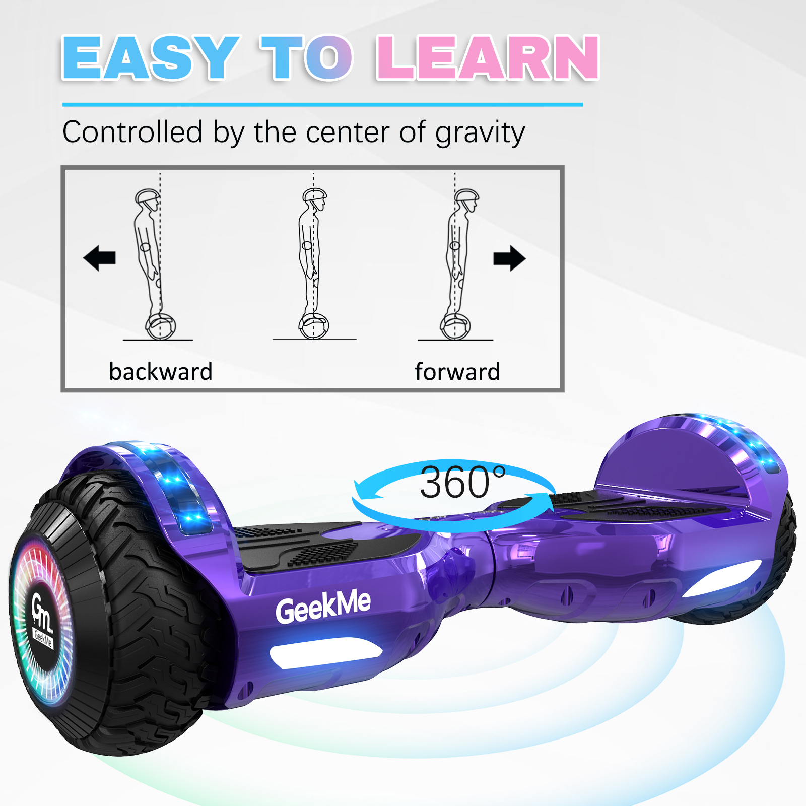 Hoverboard viola con luci. Mostra le direzioni di movimento. Testo: facile da imparare.