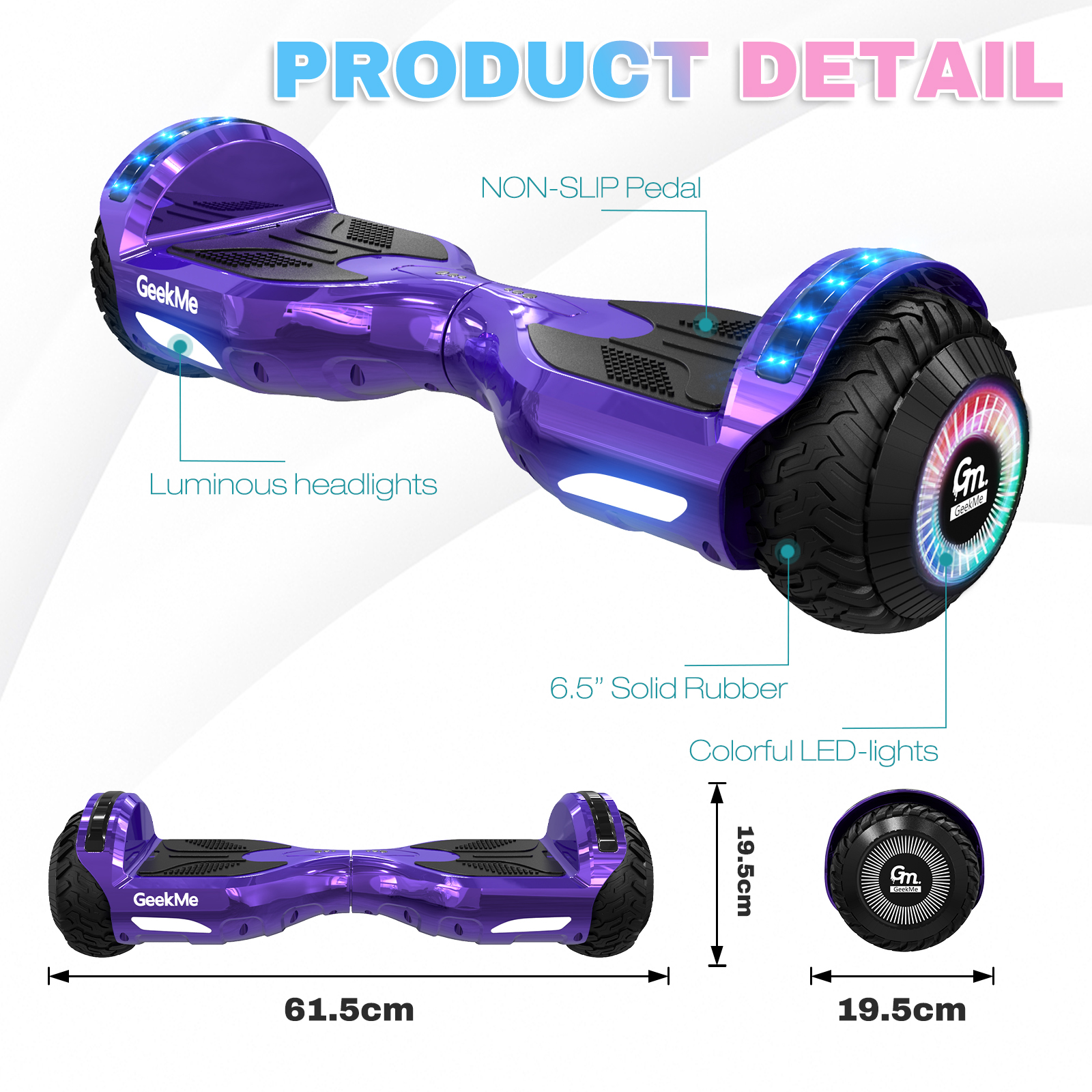 Hoverboard GeekMe viola con caratteristiche etichettate, con misure e sfondo bianco.