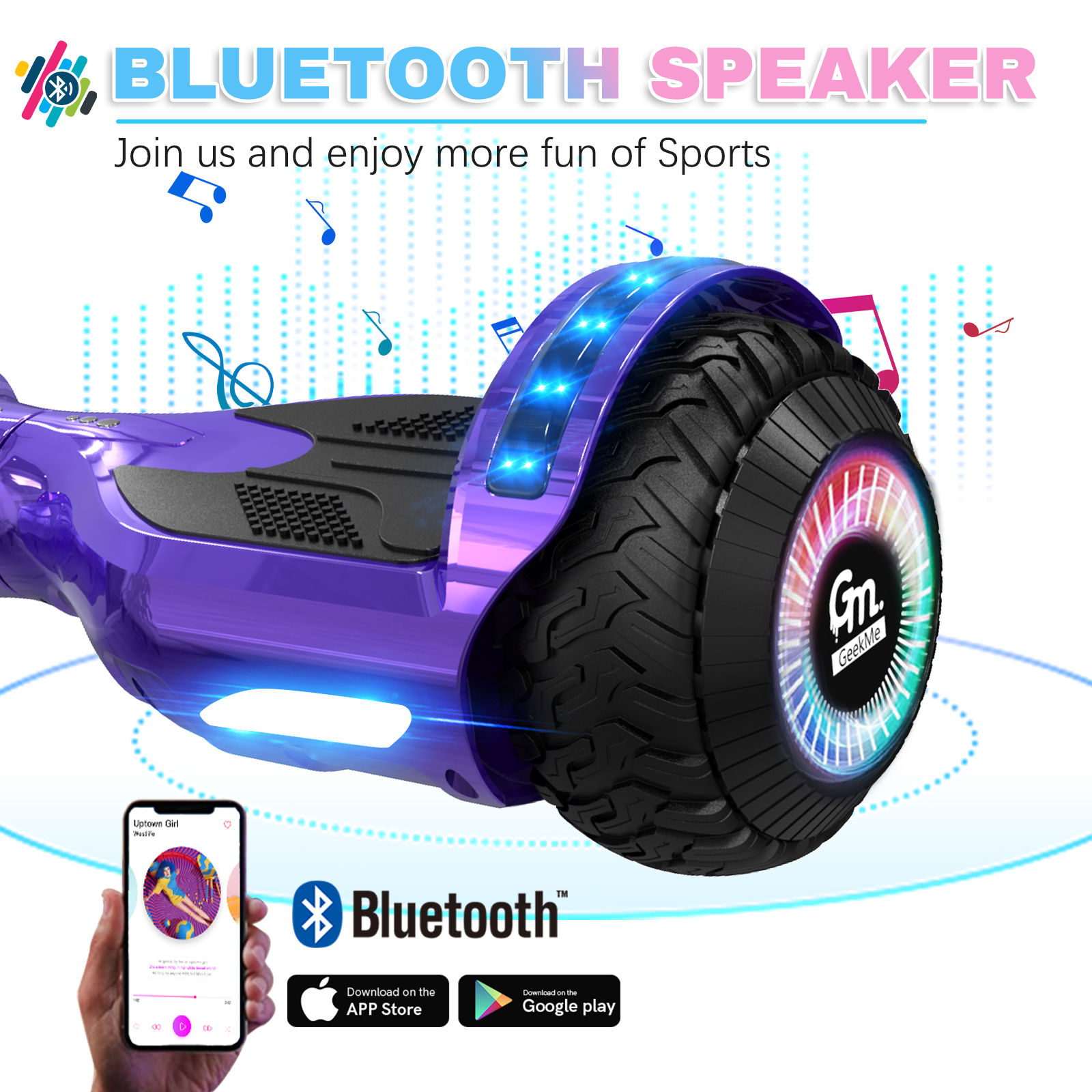 Un hoverboard viola con una gomma nera e un telefono che mostra un'app musicale.
