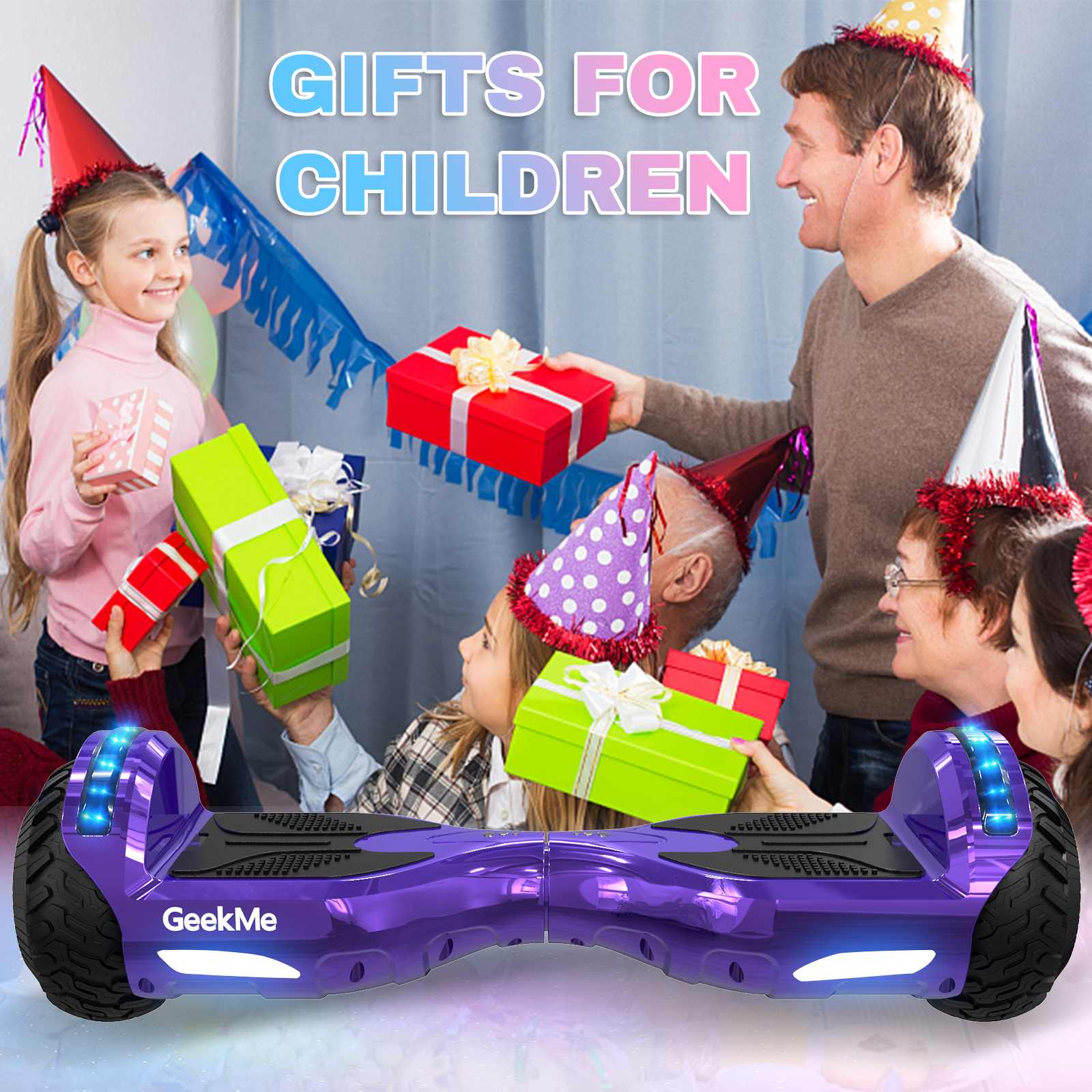 Persone a una festa con regali e un hoverboard viola. Il testo dice, Regali per bambini.