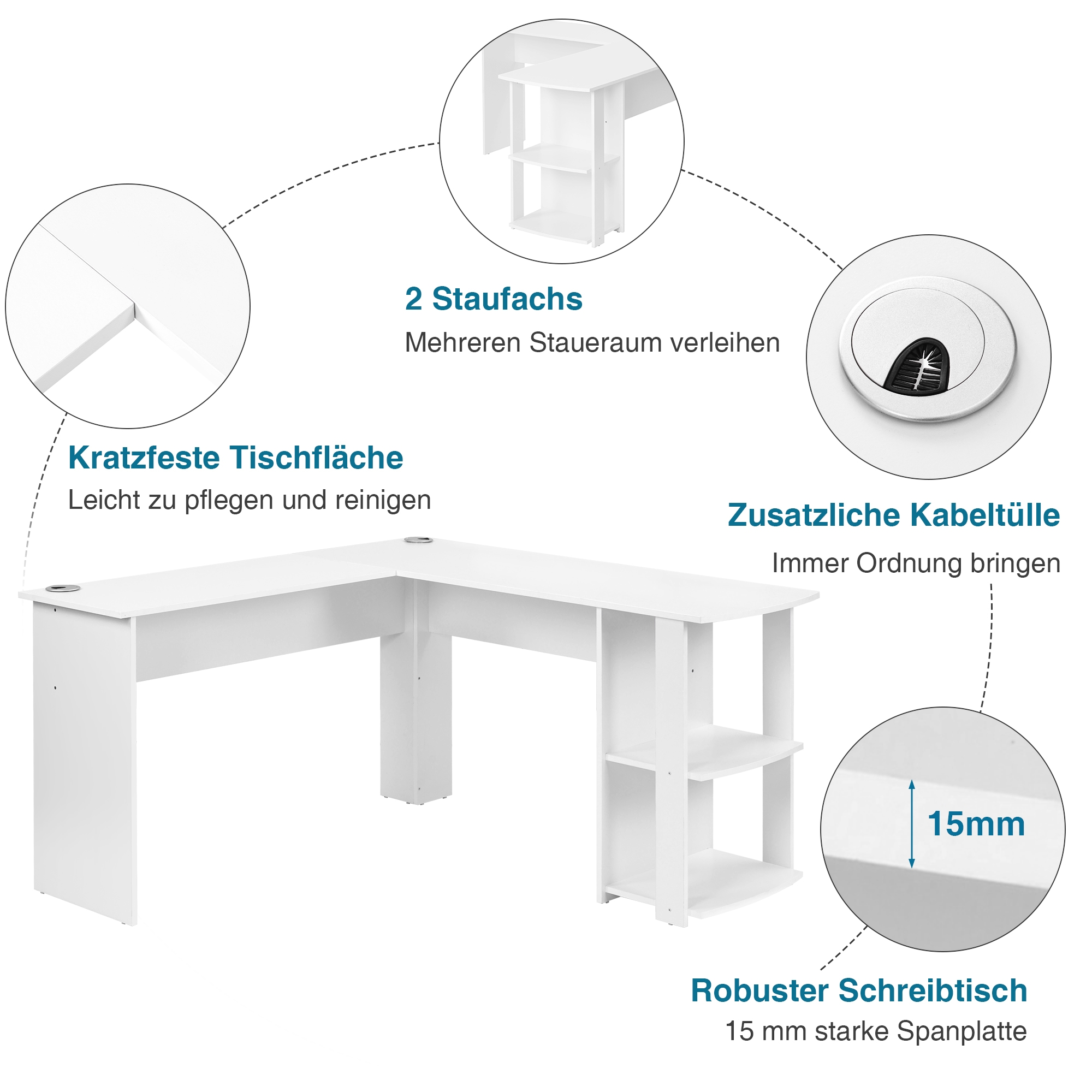 Weißer L-förmiger Schreibtisch mit Anmerkungen zu Eigenschaften: kratzfeste Oberfläche, Stauraum, Kabelloch.