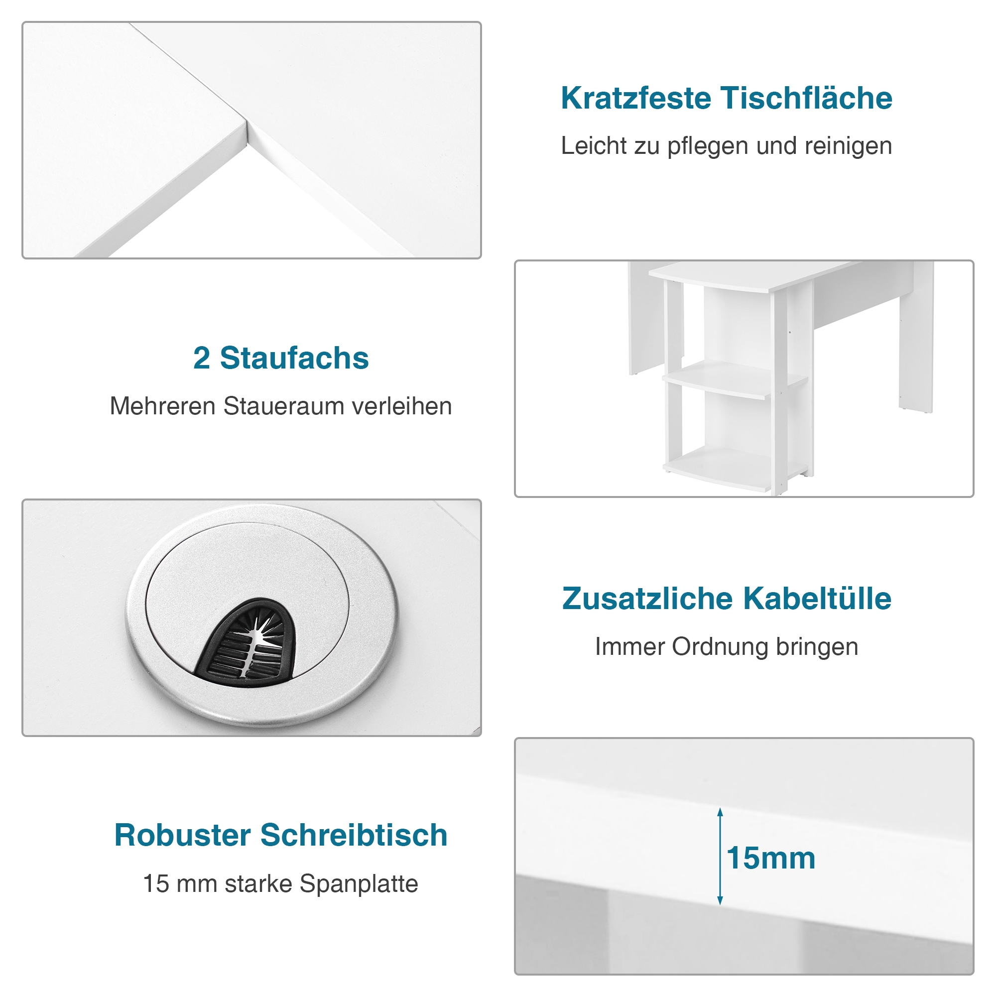 Nahaufnahmen eines weißen Schreibtisches, die seine Merkmale mit Textbeschriftungen hervorheben.