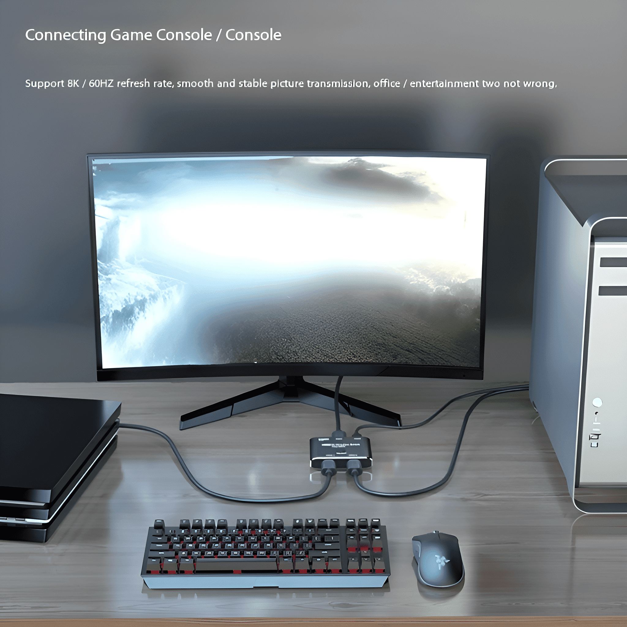 Ein gebogener Monitor, der mit einer Konsole, Tastatur, Maus und PC verbunden ist. Kabel verbinden die Geräte.