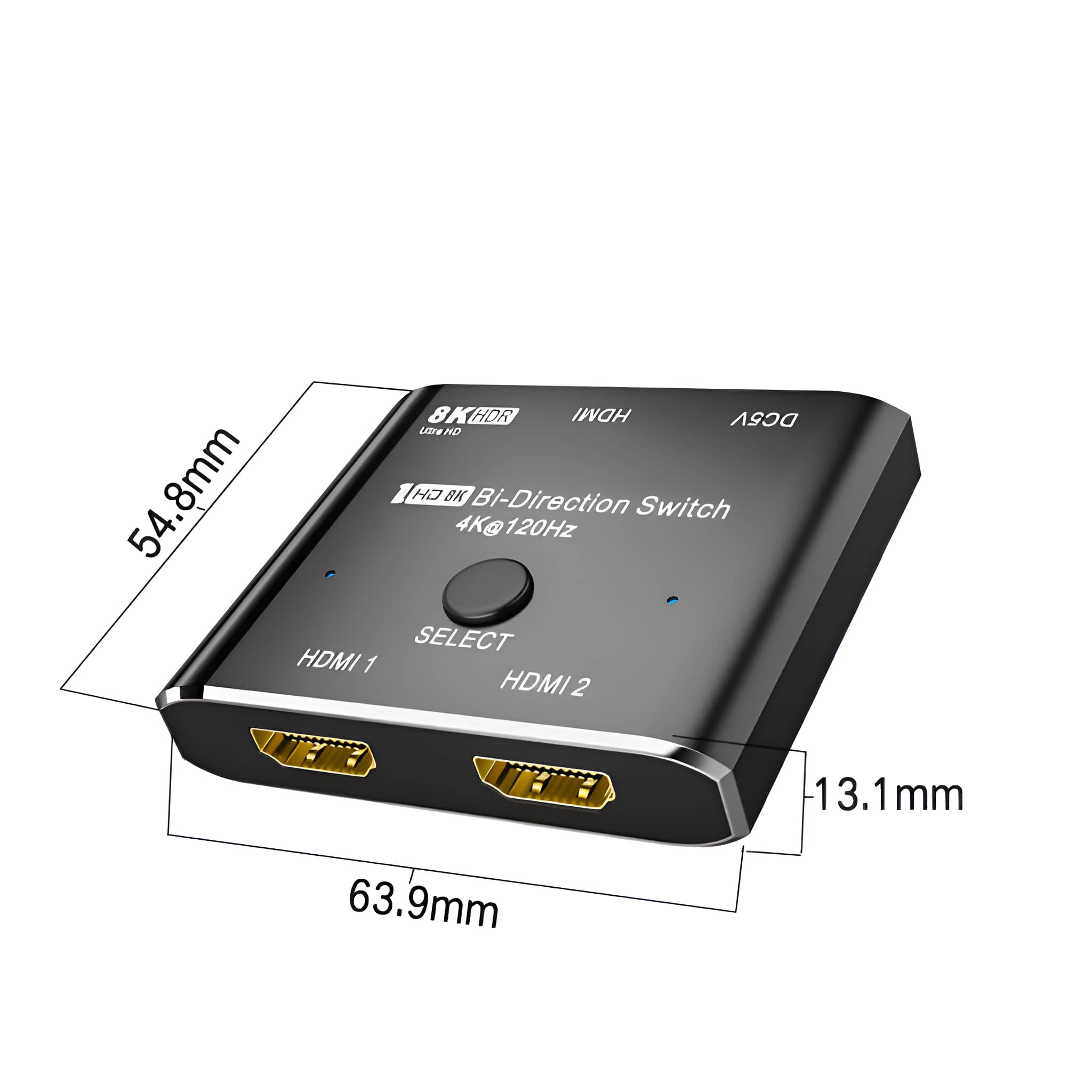 Ein schwarzer Schalter mit HDMI-Anschlüssen und Beschriftungen. Abmessungen sind angegeben.