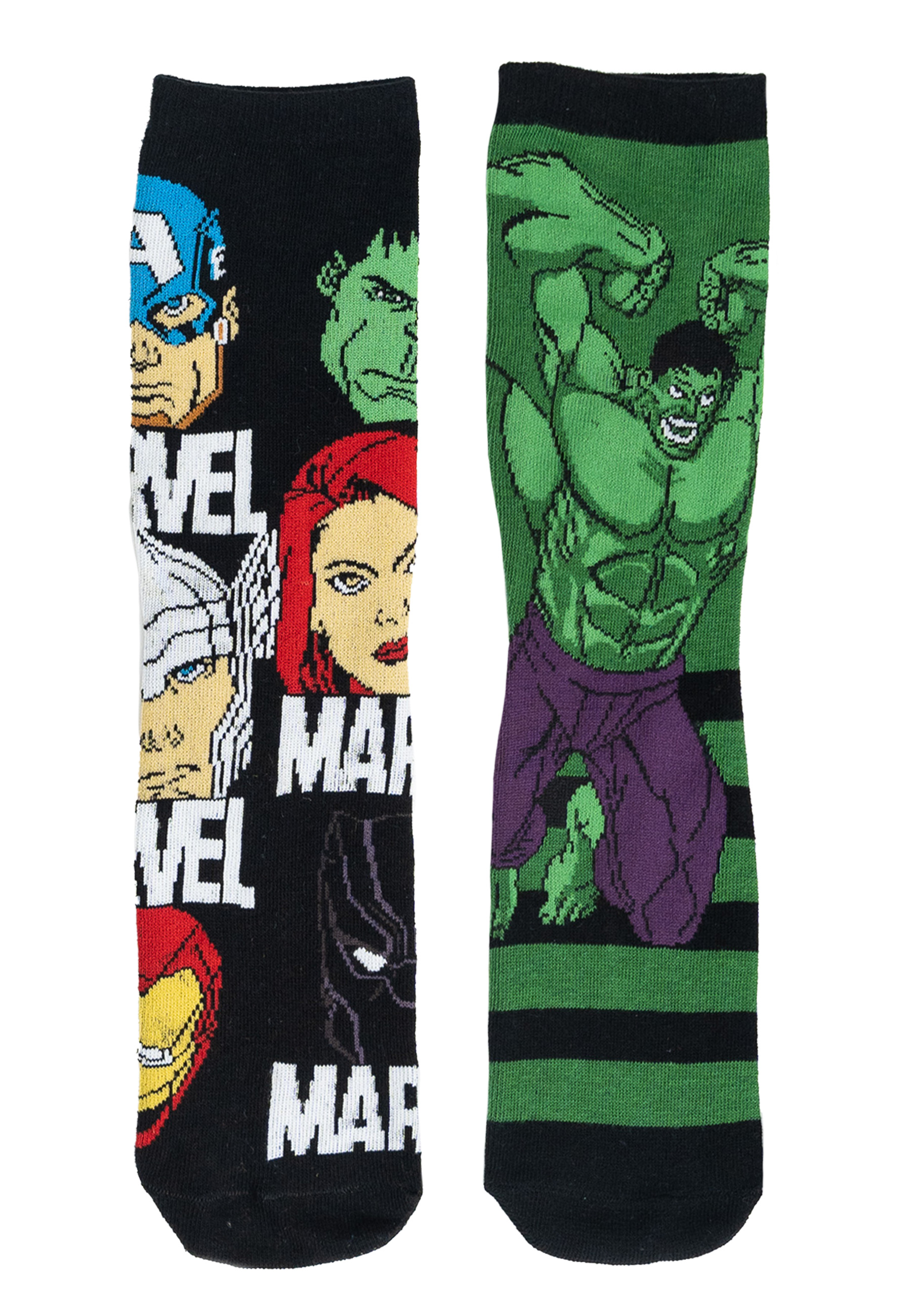 Zwei Paar Marvel-Socken, eines mit Helden und eines mit Hulk.
