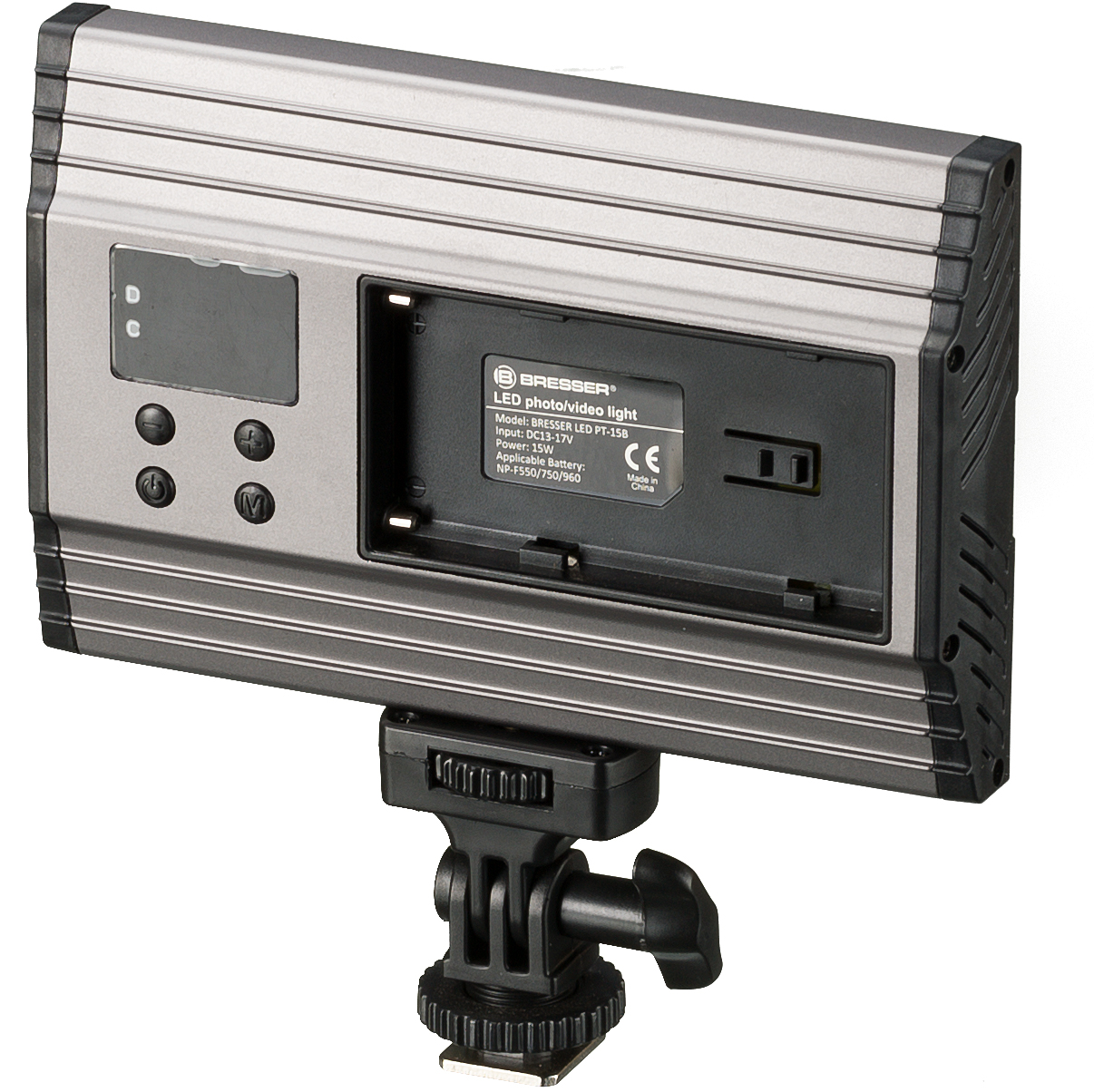 Luz LED BRESSER para foto/video con montura ajustable, metal gris con parte trasera negra.