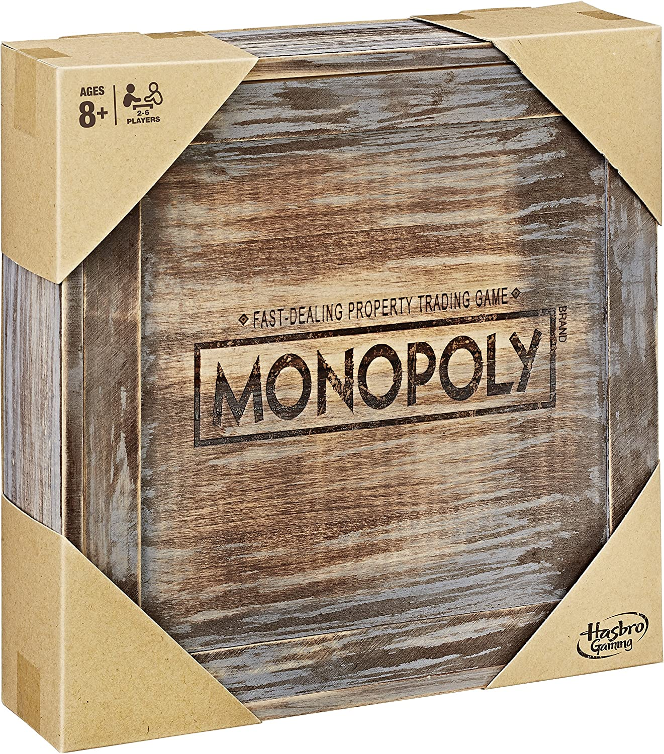 Monopoly-Brettspielbox. Braune Holzkiste mit Kartonrahmen.