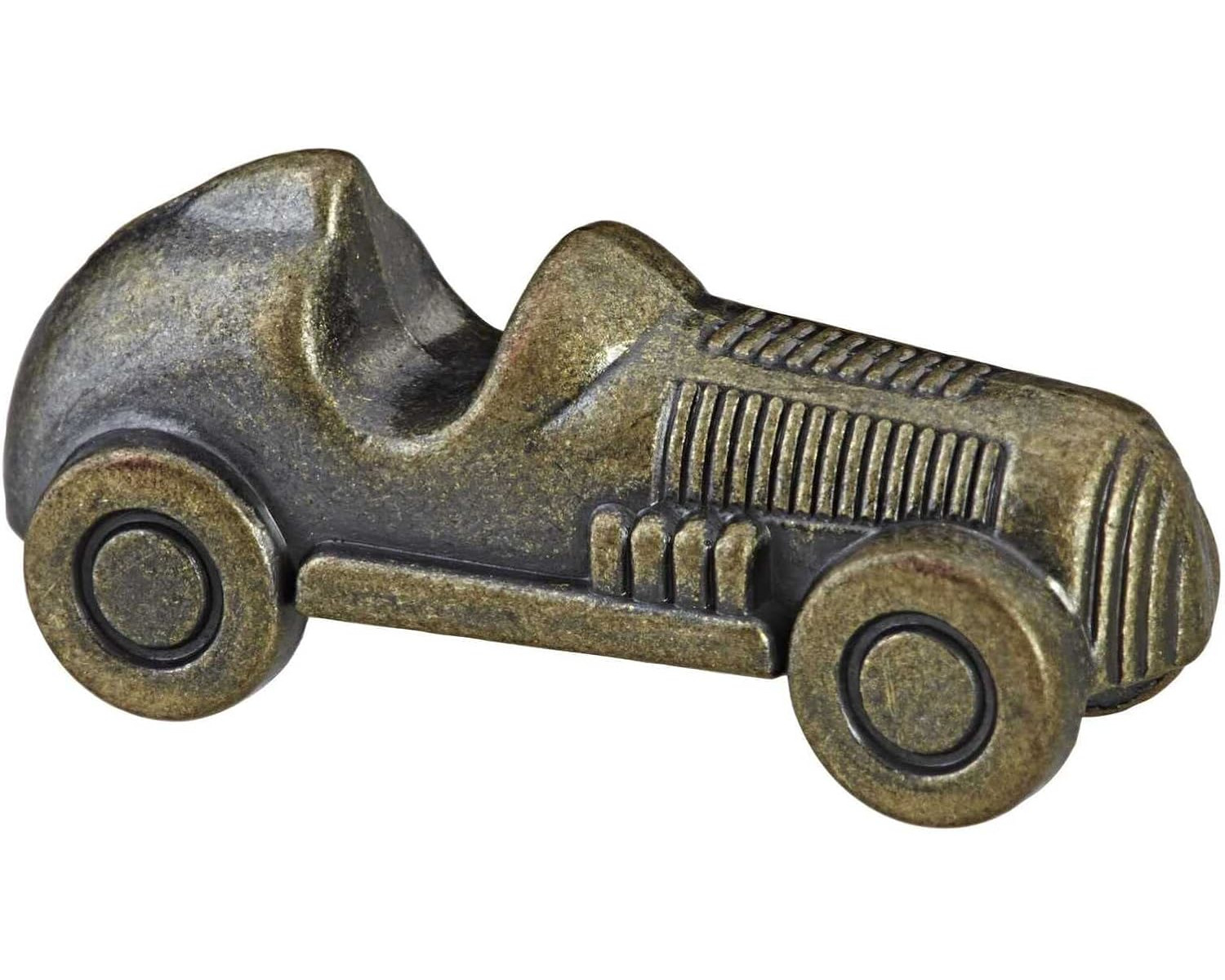 Monopoly-Spielfigur: Vintage-Rennwagen aus Bronze, Seitenansicht, detailliertes Design.