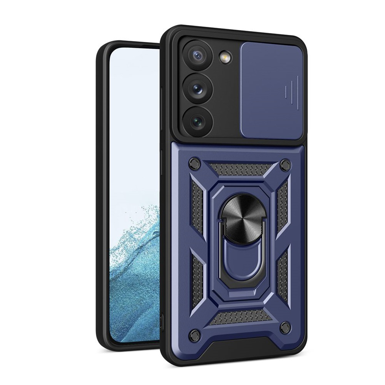 Blauwe telefoonhoes met camerahoes en ringhouder. De telefoon staat links.