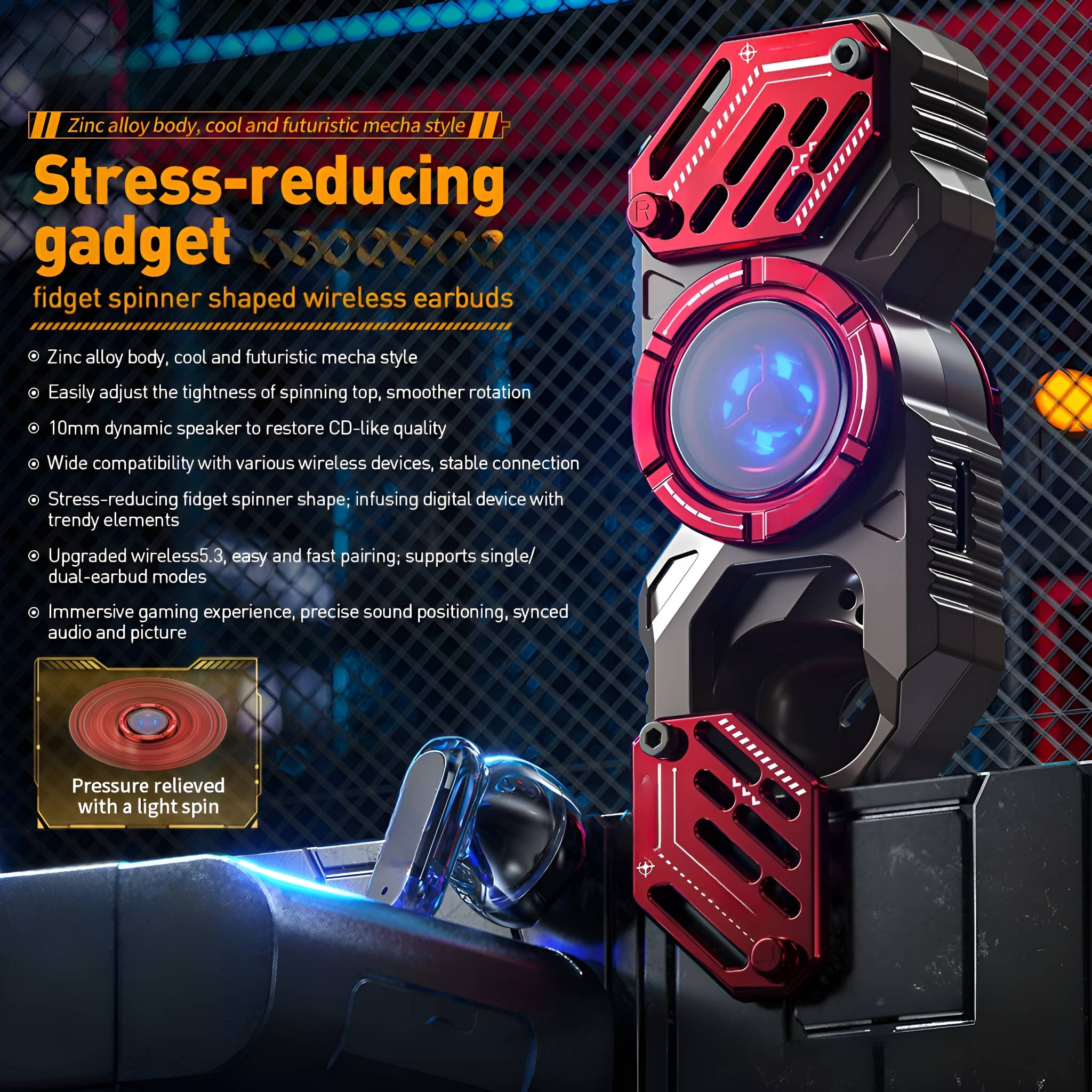 Ein Stress reduzierendes Gadget, Fidget Spinner-förmige kabellose Ohrhörer. Rotes und schwarzes Design.