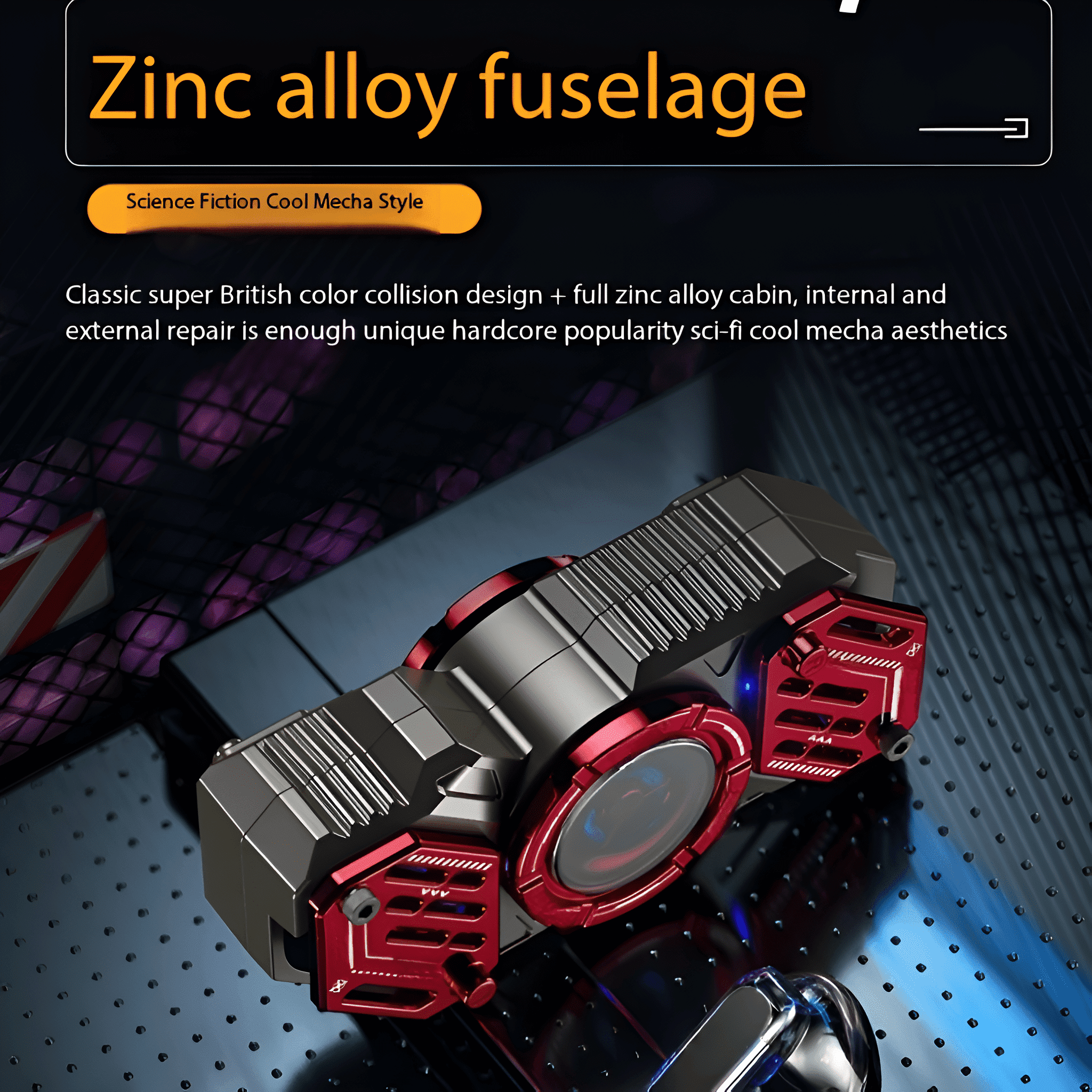 Ein rot-schwarzes Gerät mit zentralem blauem Licht, bezeichnet als Zinklegierungsrumpf mit Sci-Fi-Design.
