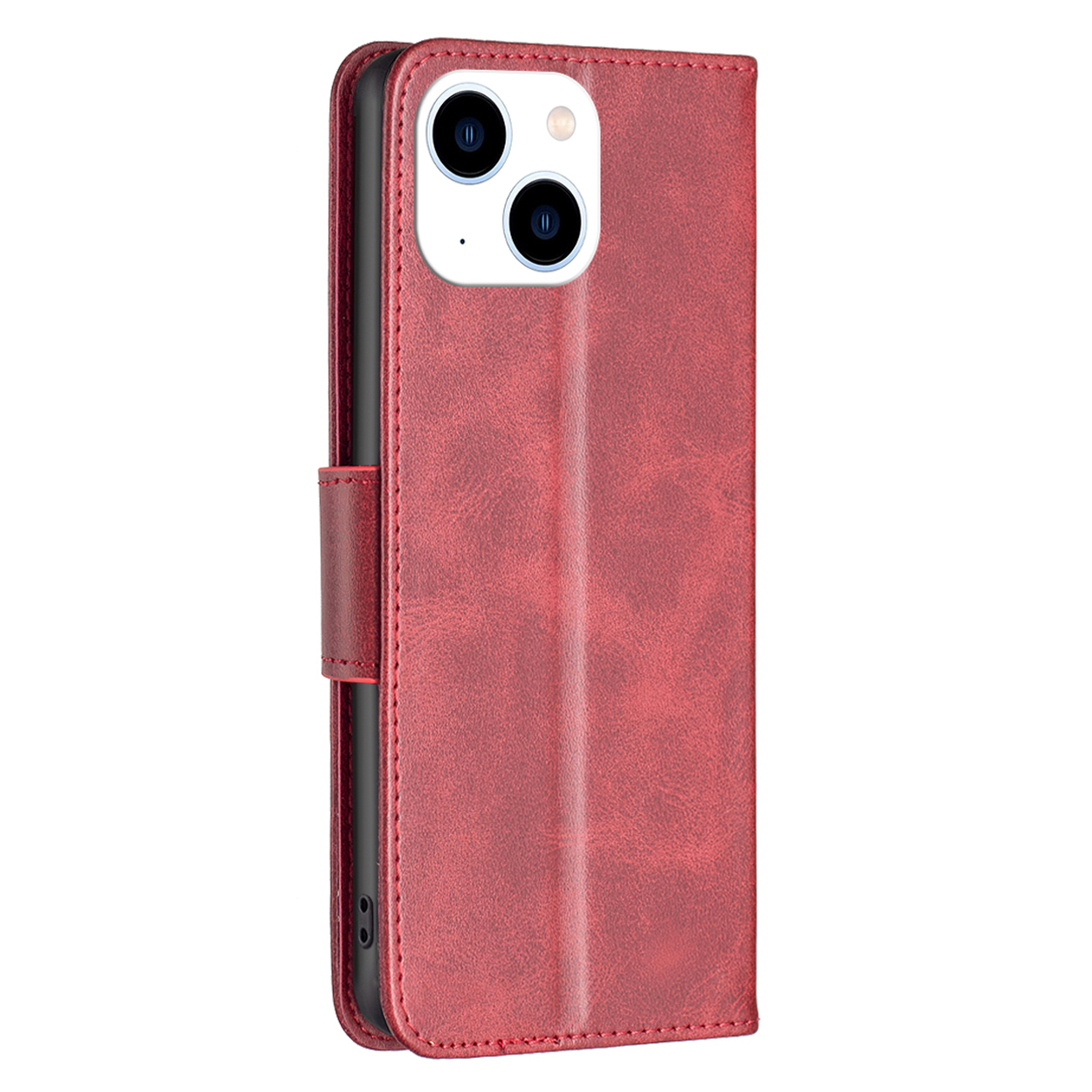 Rode leren telefoonhoes, gesloten, met een magnetische sluiting.