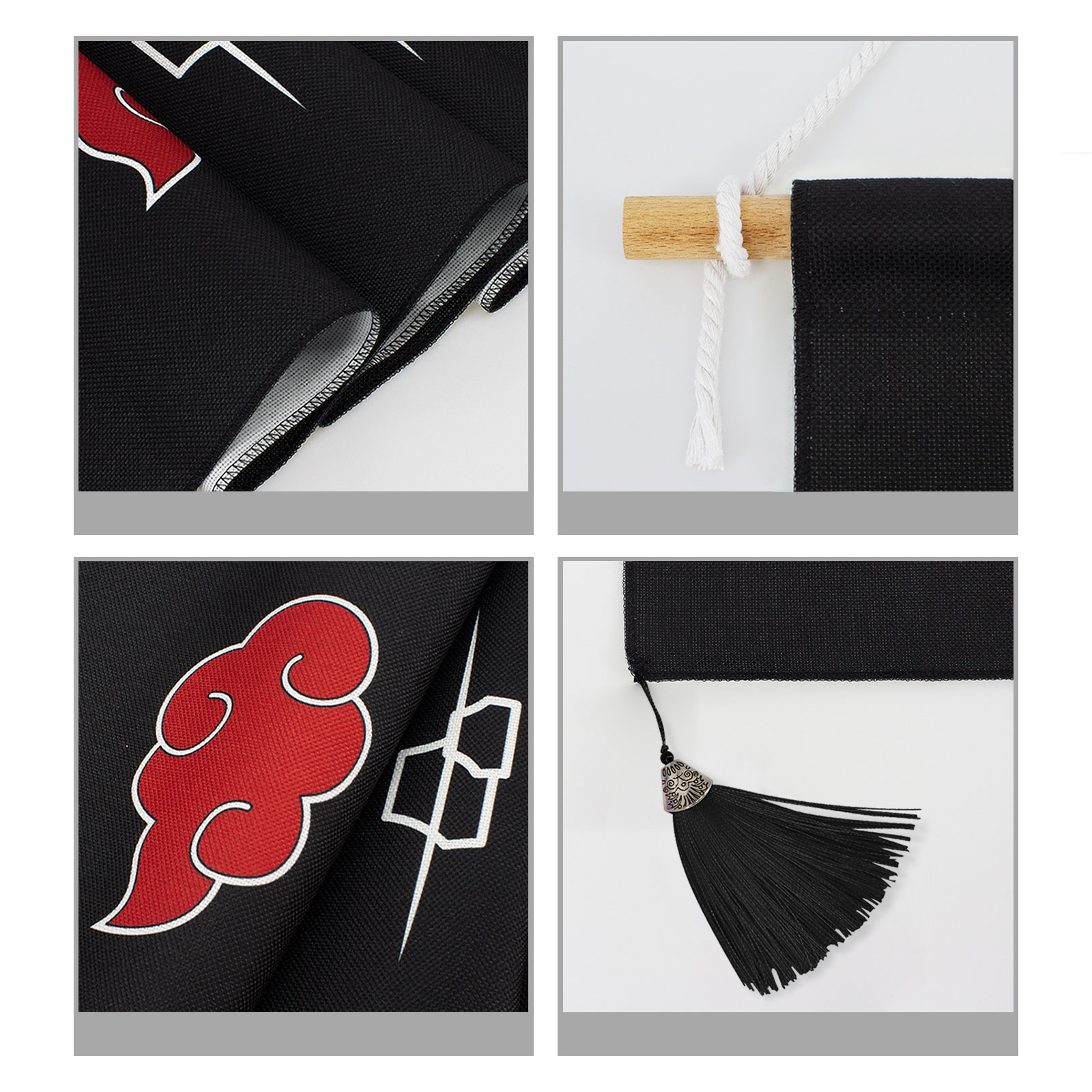 Vier Bilder eines schwarzen Banners mit roter Wolke und weißen Symbolen. Quasten- und Holzstangendetails.