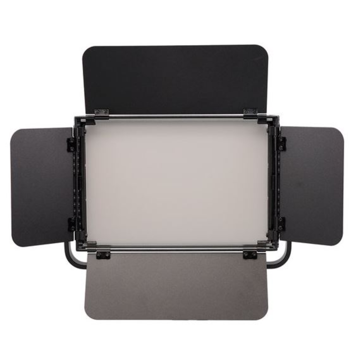 Studielamp met open zwarte kleppen, toont een wit verlicht paneel.
