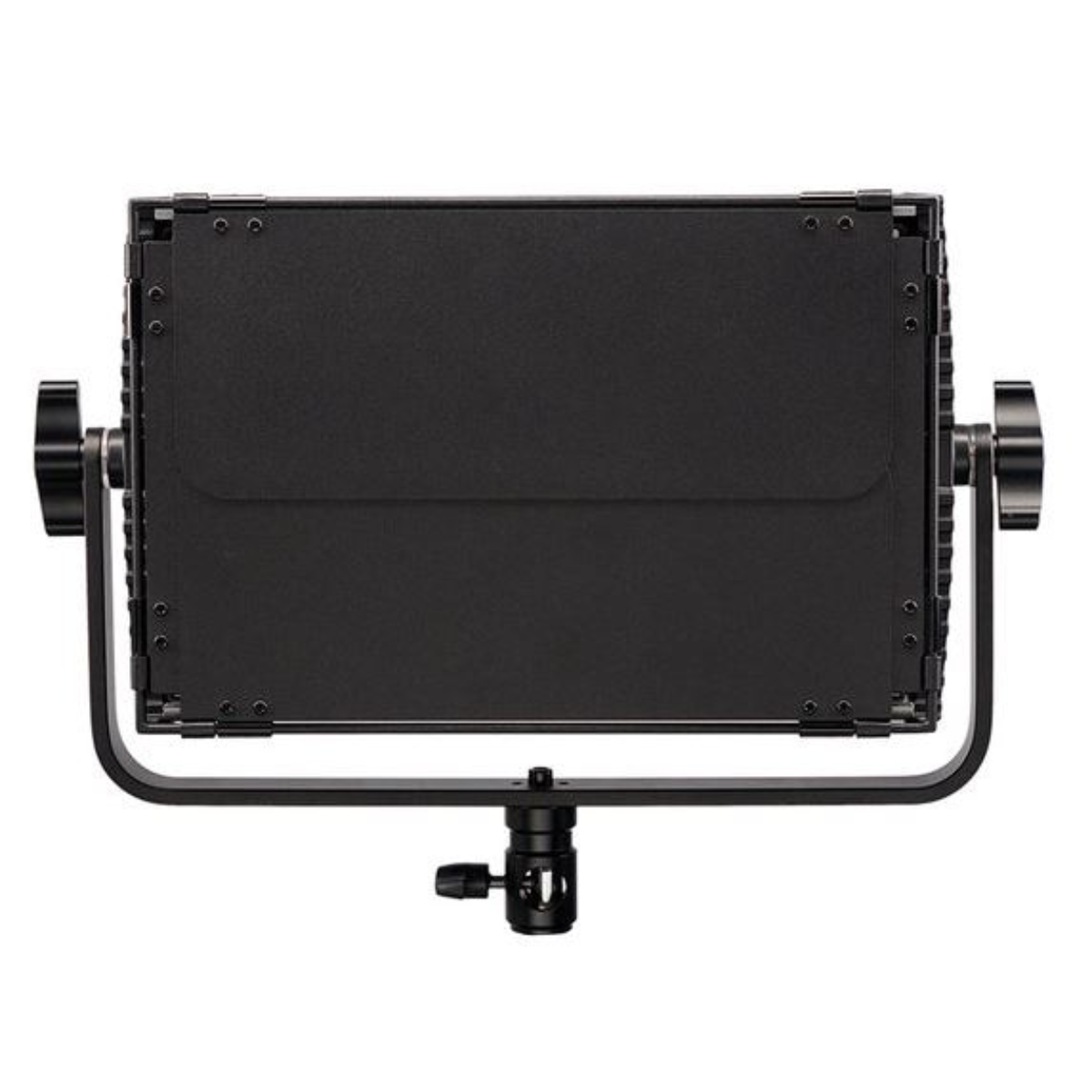 Zwarte rechthoekige LED-lamp met zwart steunframe en montagebeugel.