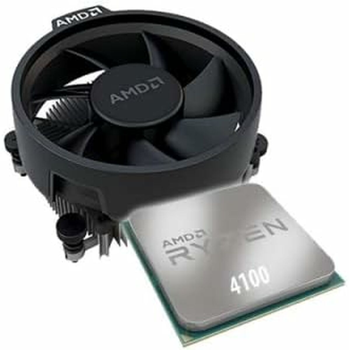 AMD Ryzen 4100 CPU und Lüfter. Die CPU ist silberfarben, der Lüfter schwarz.