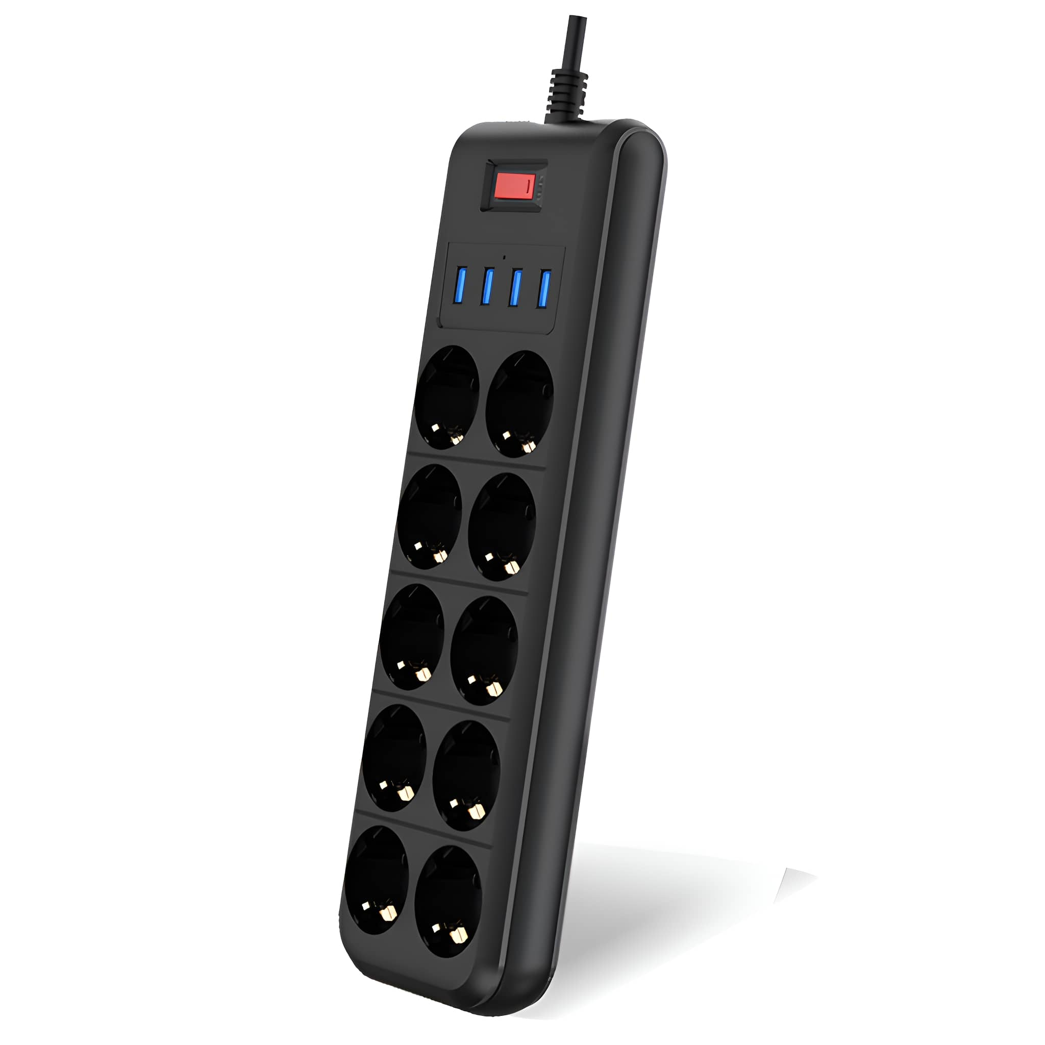 Eine schwarze Steckdosenleiste mit mehreren Steckdosen und USB-Anschlüssen sowie einem roten Ein-Aus-Schalter.