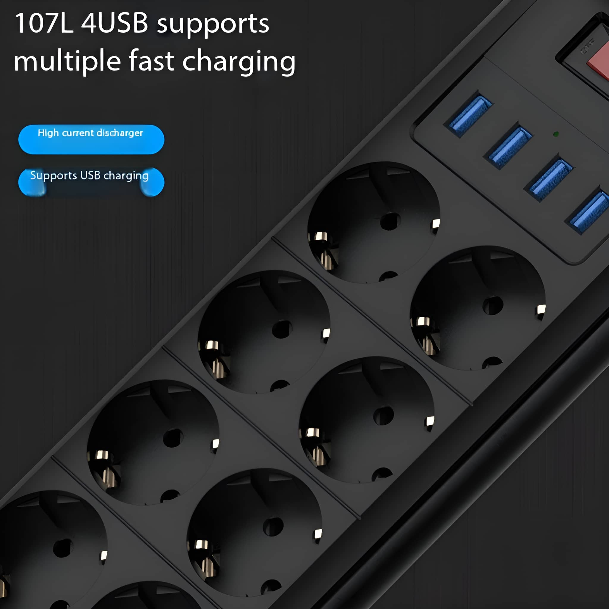 Schwarze Steckdosenleiste mit mehreren Steckdosen und USB-Anschlüssen.